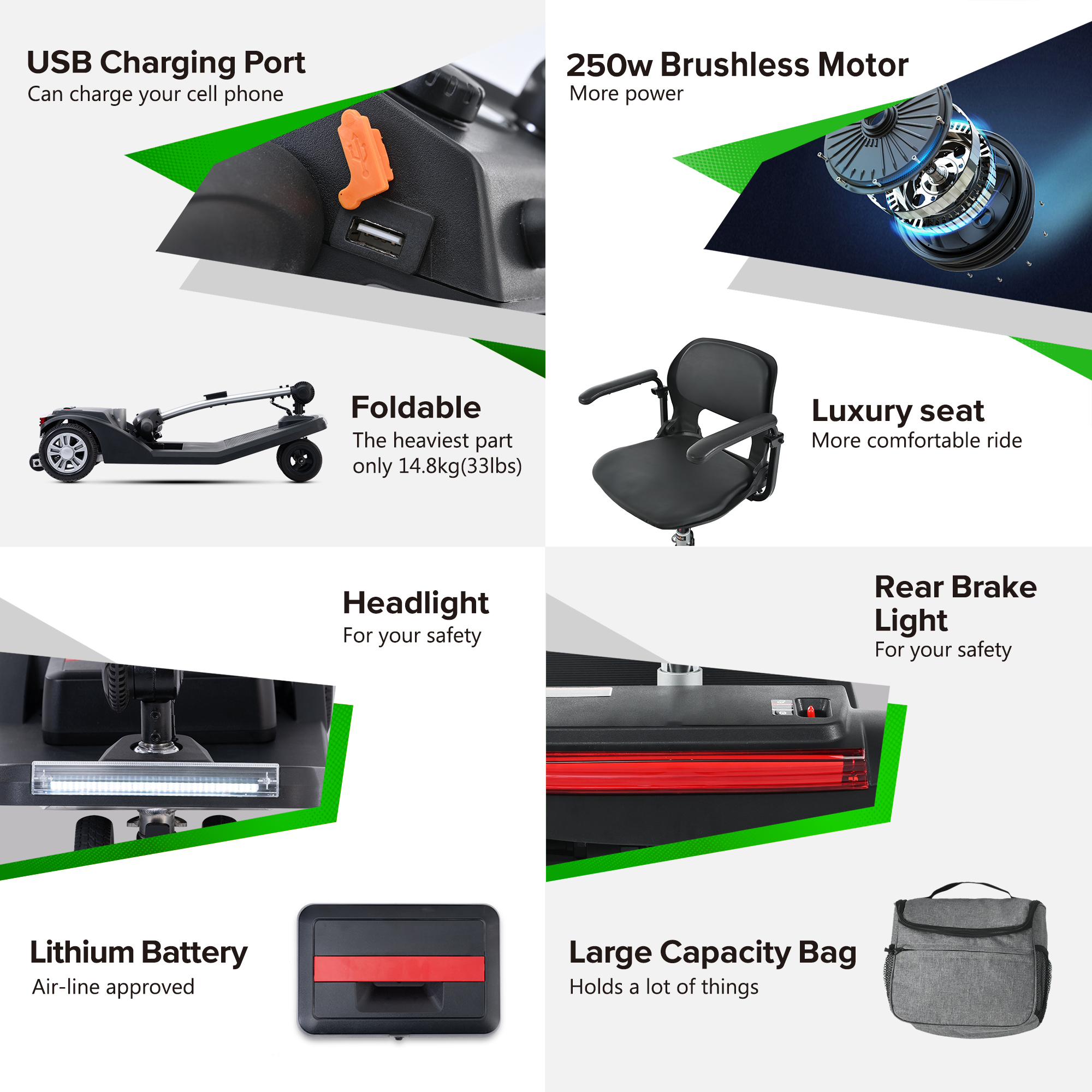 Características del scooter: puerto USB, motor, plegable, asiento, luz, batería, bolsa.