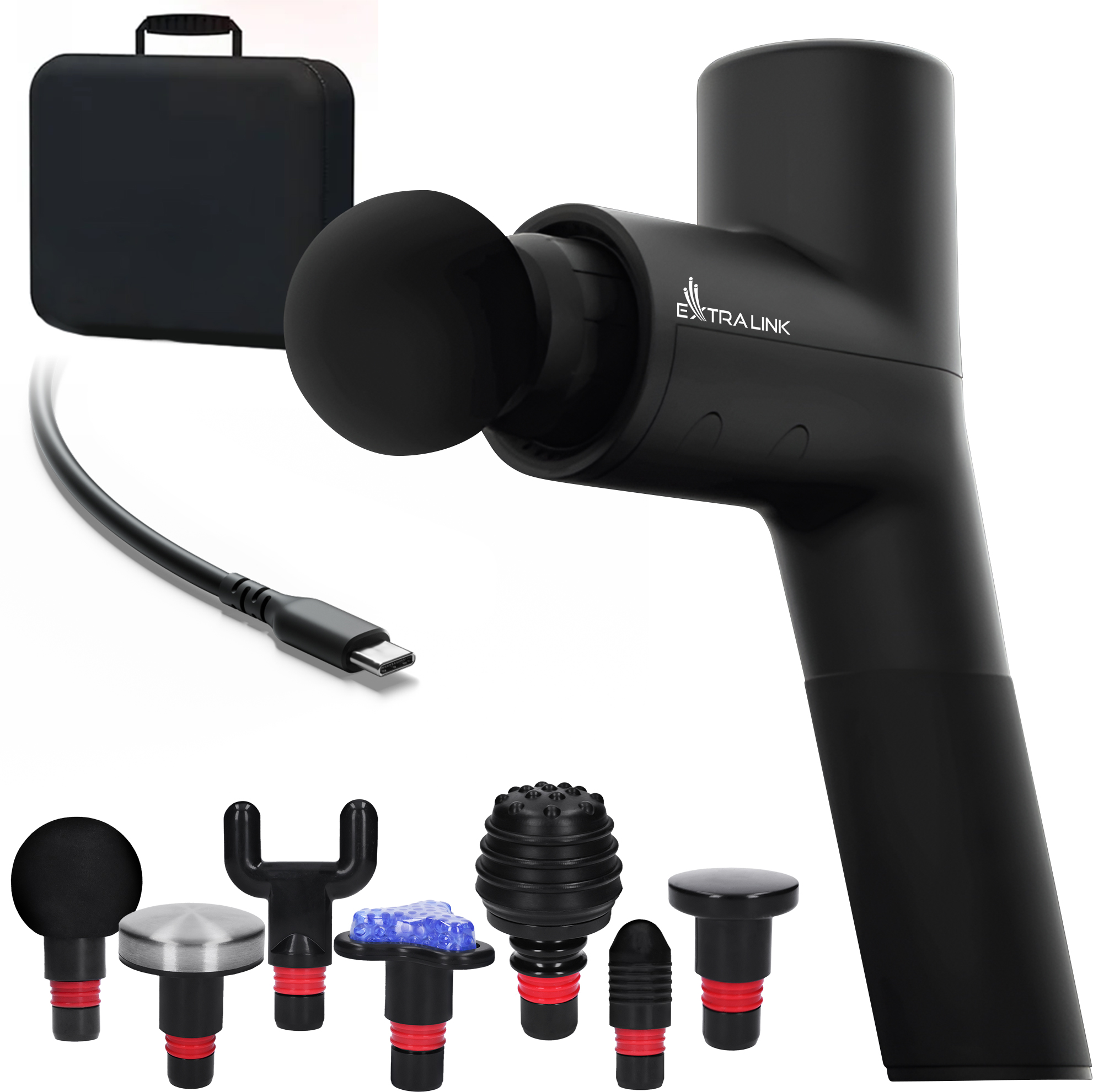 Czarny pistolet do masażu z kablem USB-C, etui i różnymi głowicami masującymi.