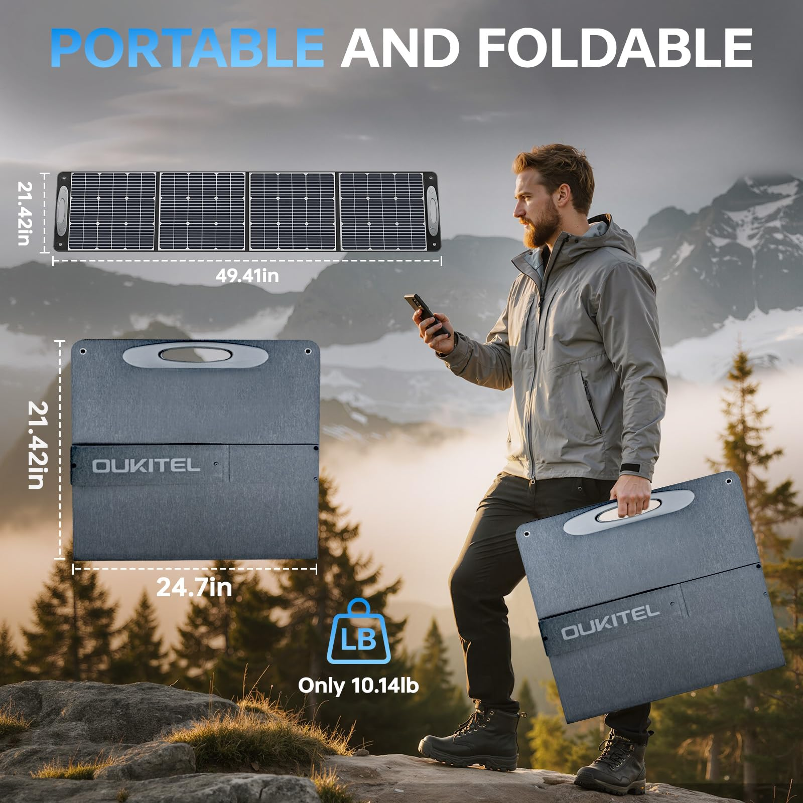 Hombre portando un panel solar plegable en paisaje montañoso. Dimensiones y peso mostrados.