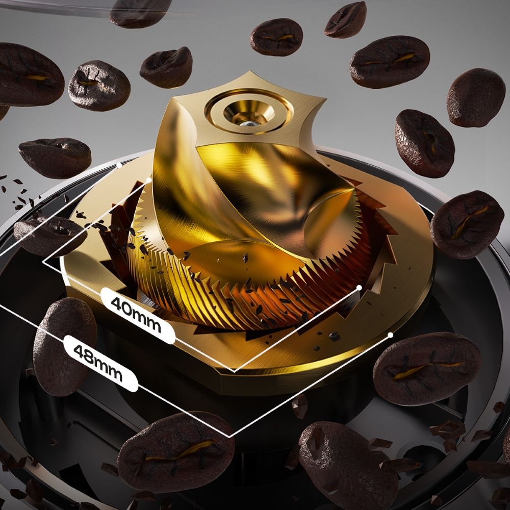 Molinillo de café dorado con granos, marcas de 40mm y 48mm.