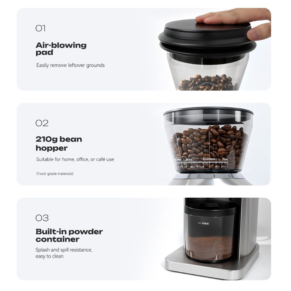 Molinillo de café con almohadilla de aire, tolva de 210g y contenedor de polvo.