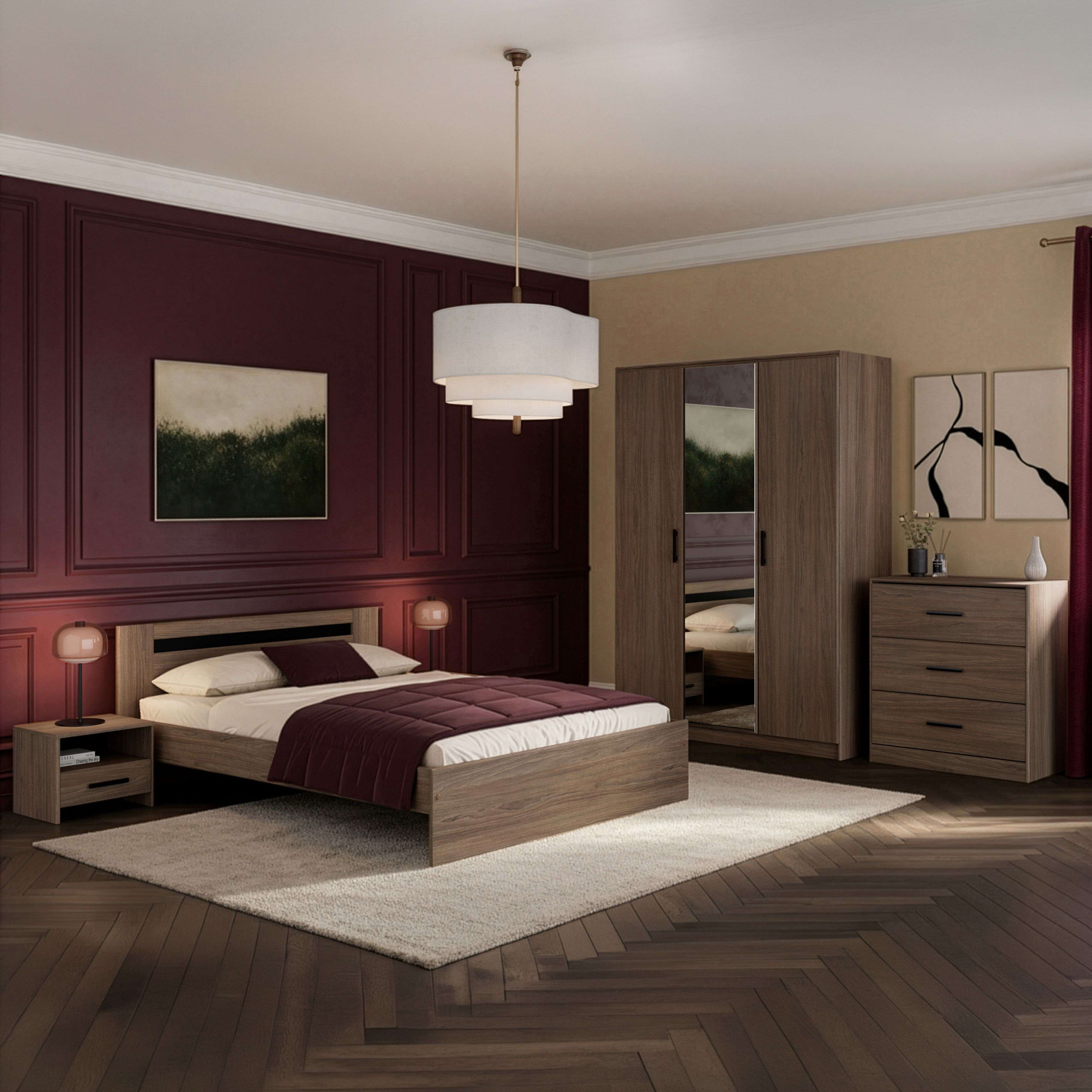 Un dormitorio con cama de madera, mesita de noche, armario, cómoda y alfombra.
