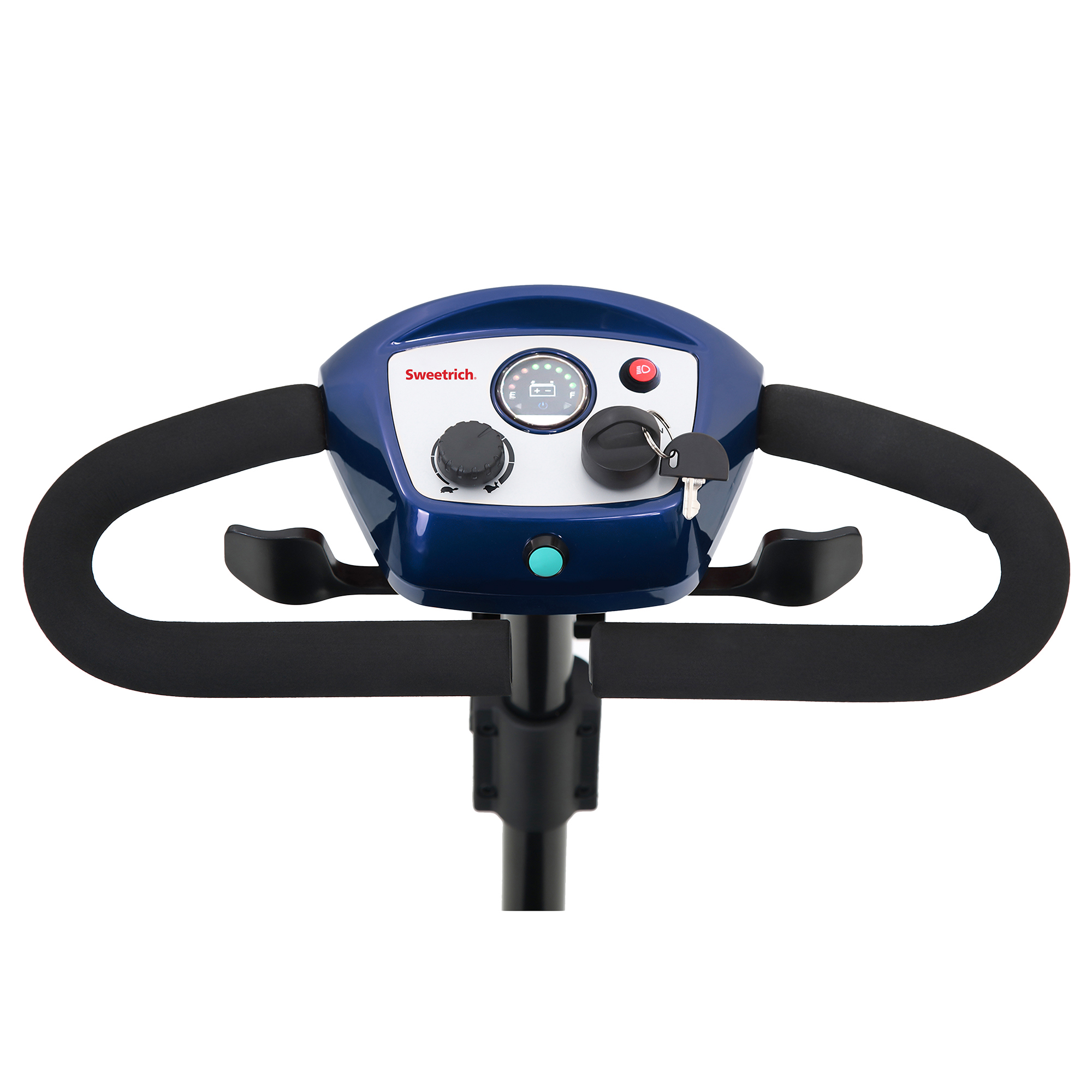Panel de control azul de scooter con manillar, indicador de batería y encendido por llave.