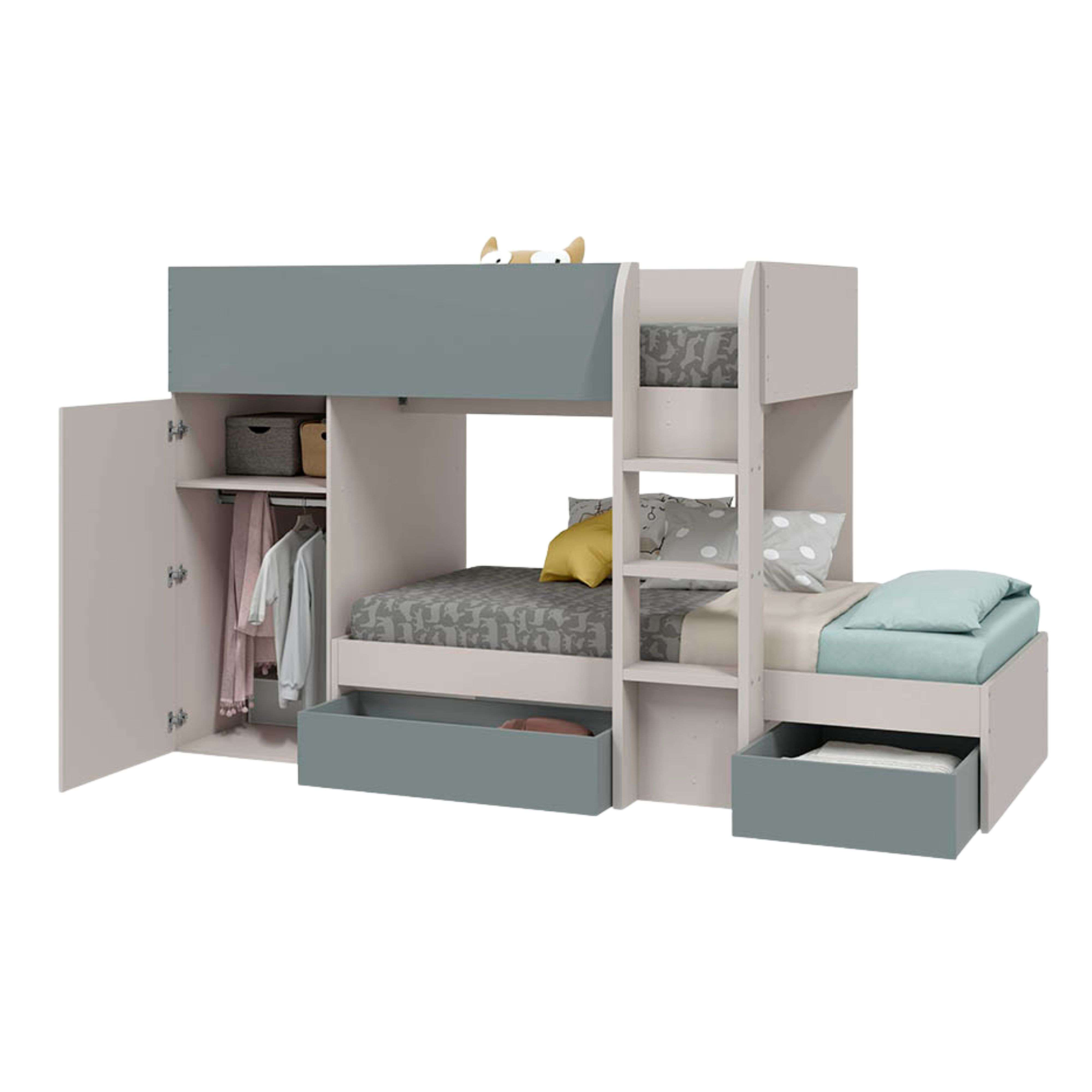 Una litera con armario, cajones y ropa de cama en tonos grises y beige.
