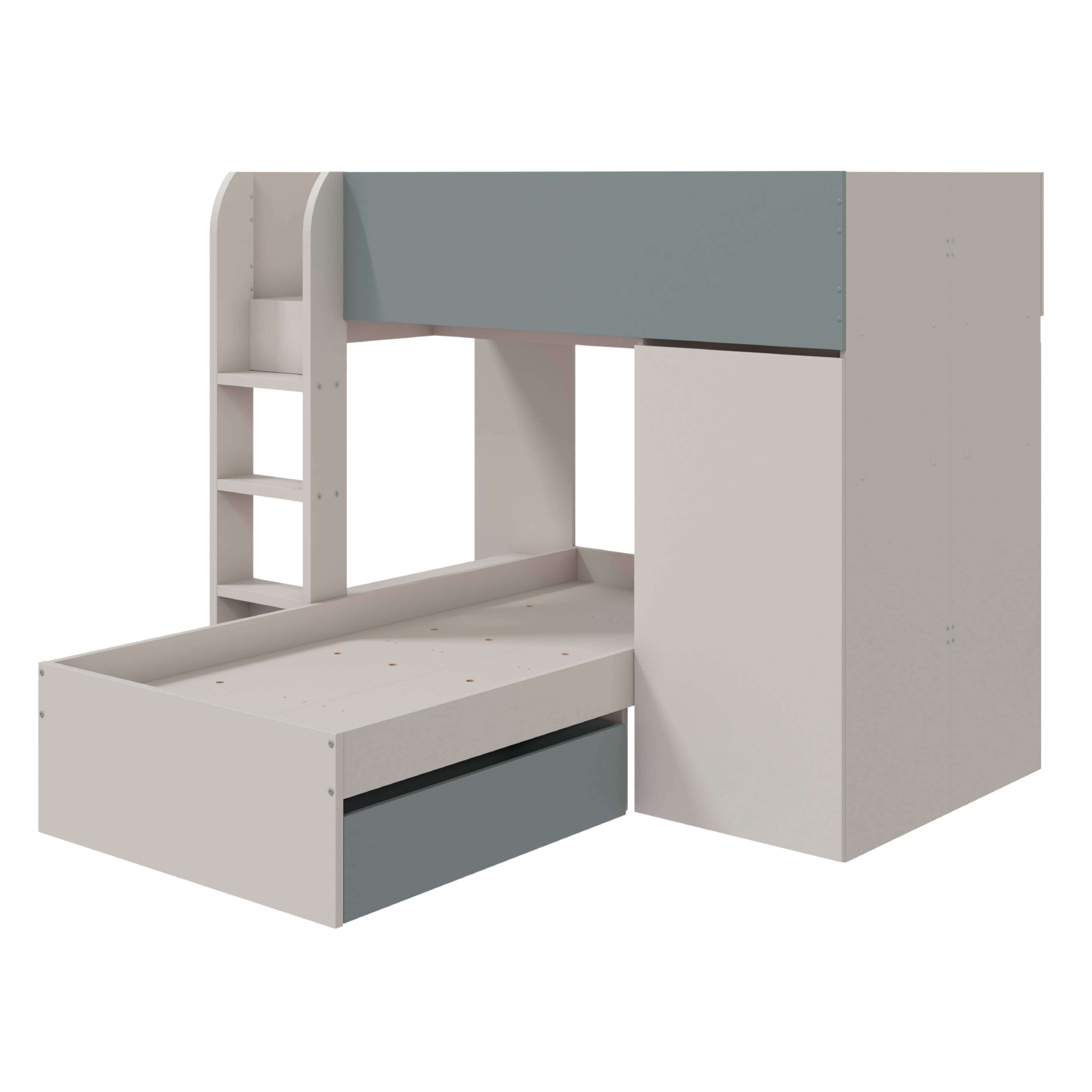 Una cama alta con cama extraíble y armario en gris y beige.
