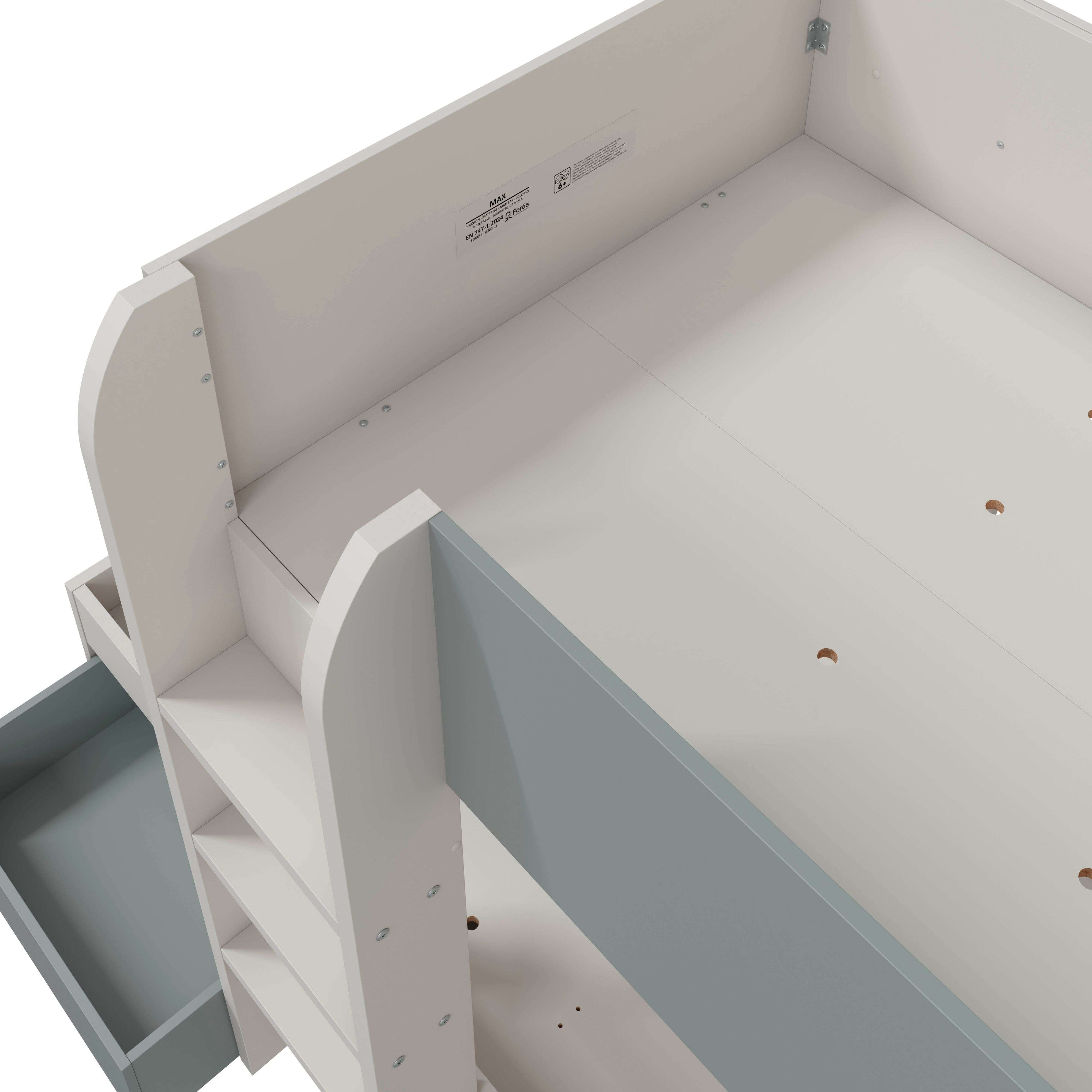 Estructura de cama blanca y gris con cajón y estantes.