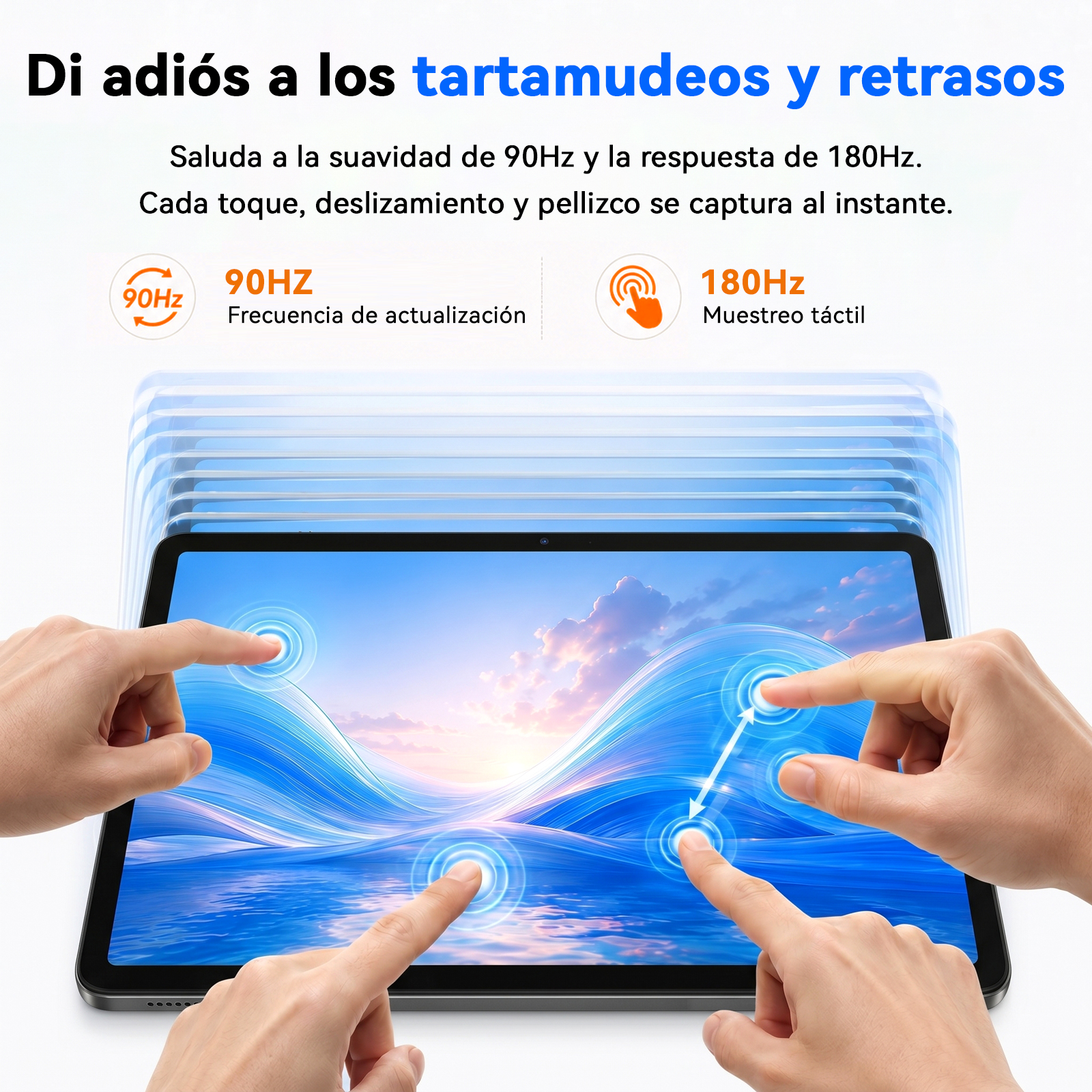 Manos manejan una tablet con agua azul ondulada y cielo. 90Hz y 180Hz.
