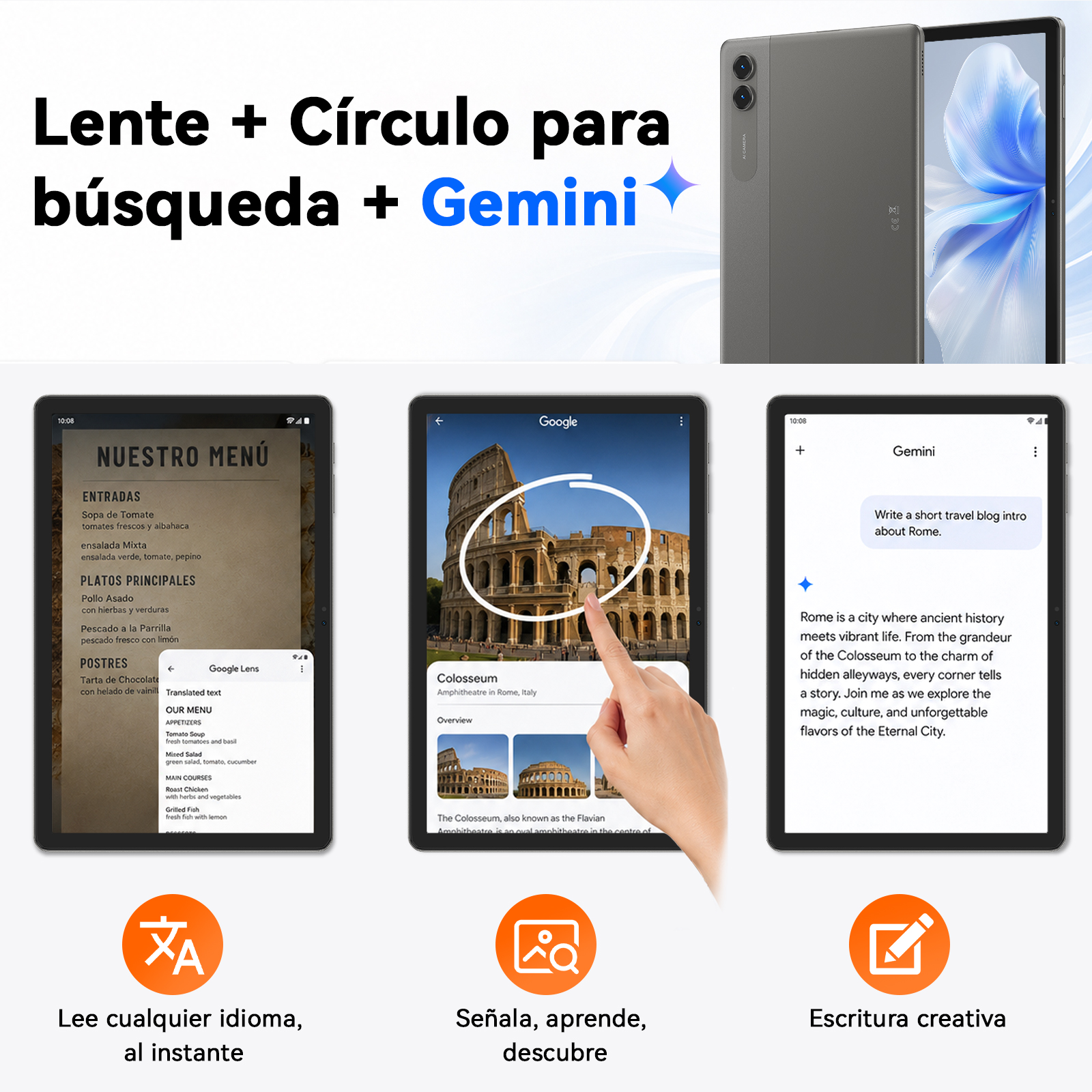 Tabletas muestran traducción de menú, info Coliseo y chat Gemini.