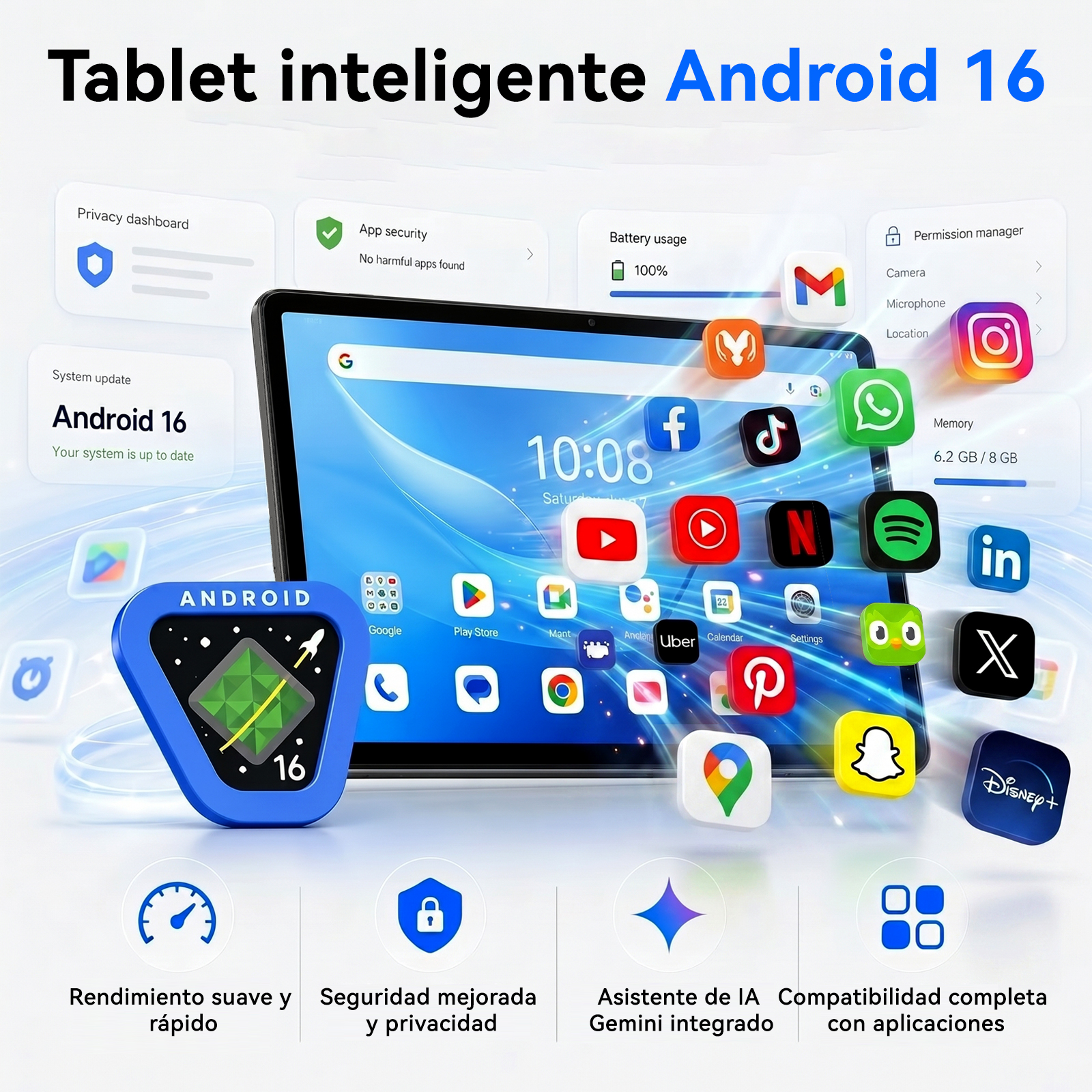 Una tablet con Android 16, mostrando aplicaciones y funciones.
