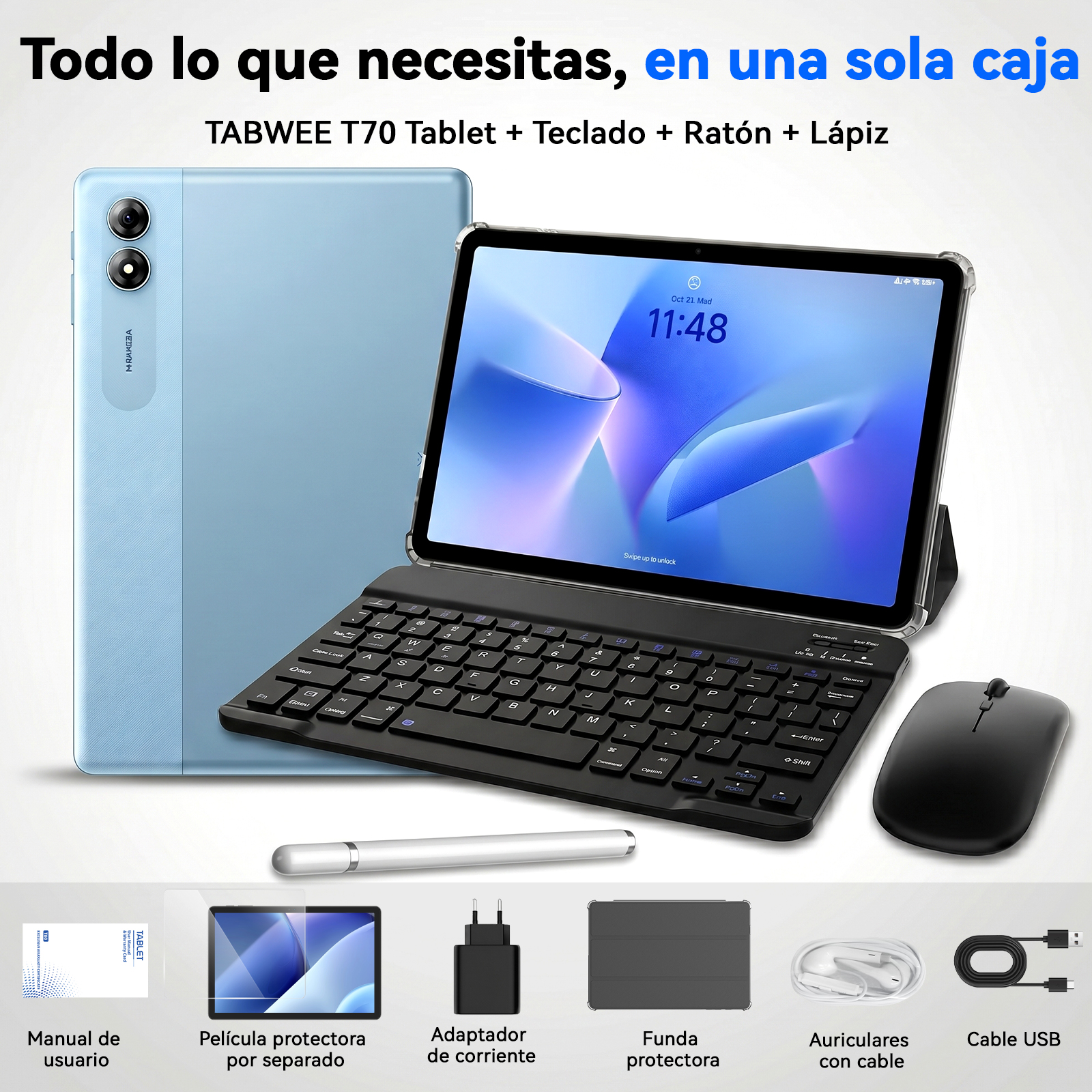 Una tableta azul claro con teclado, ratón y lápiz, accesorios abajo.