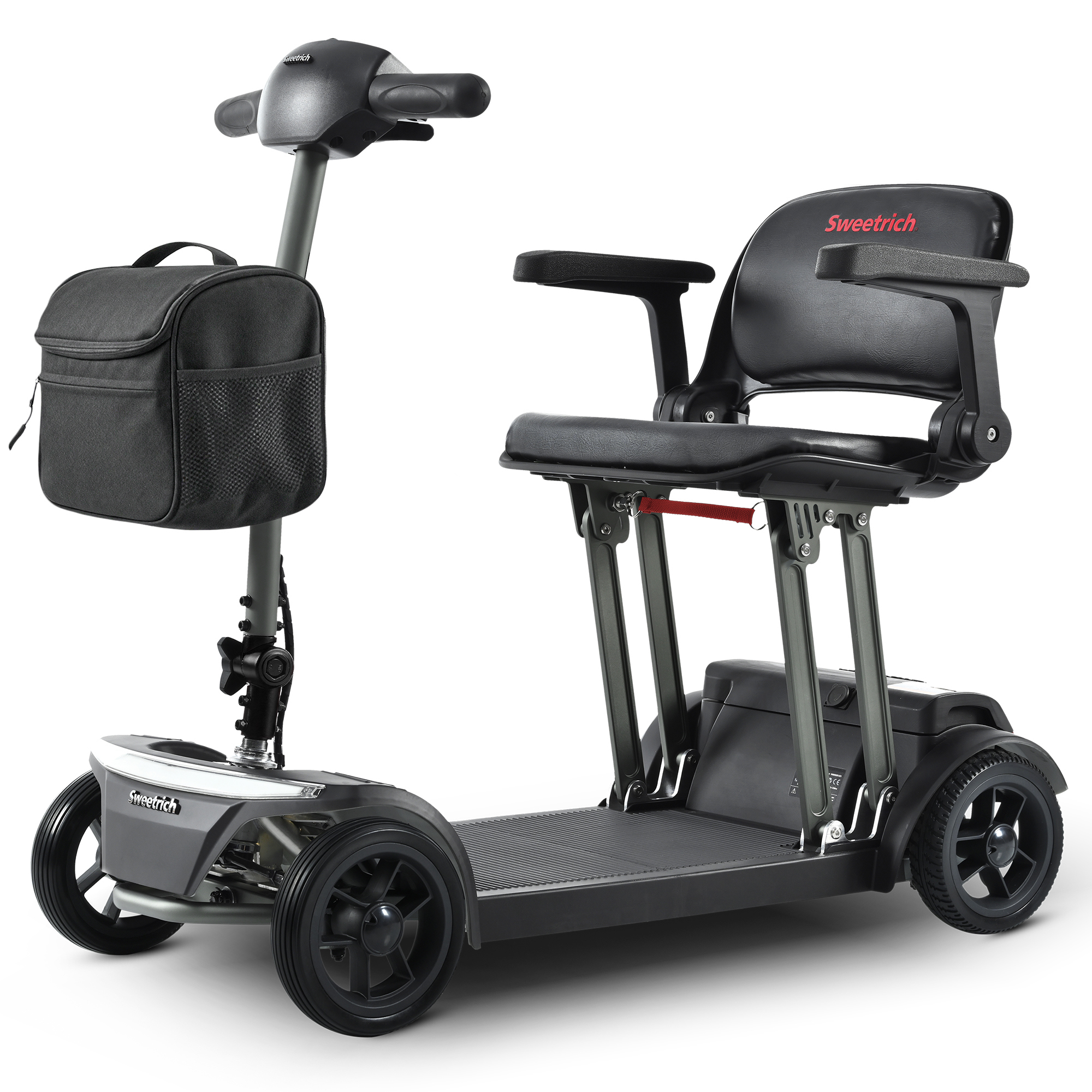 Un scooter eléctrico gris con asiento y bolsa negros.