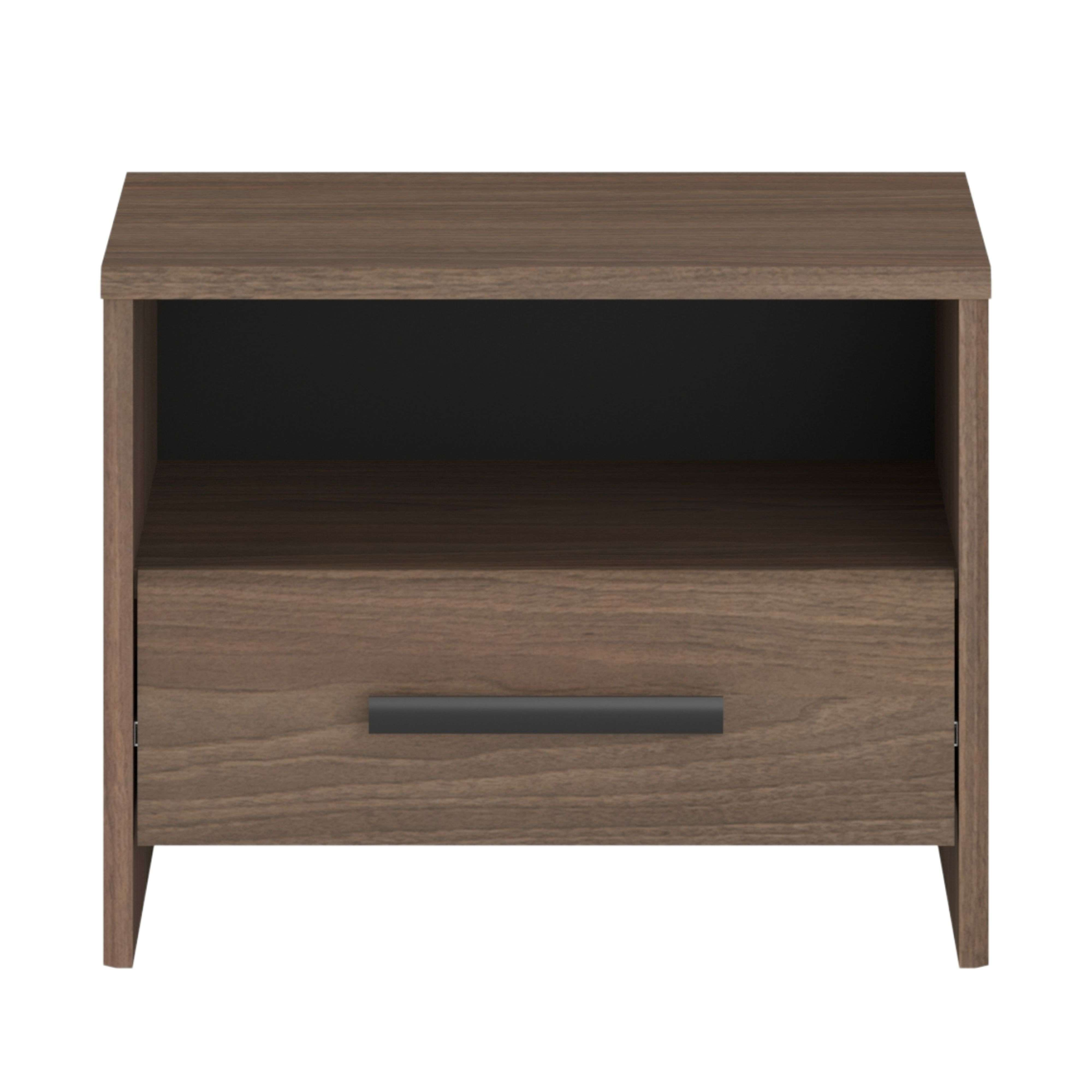 Mesita de noche de efecto madera con un cajón y un estante abierto.