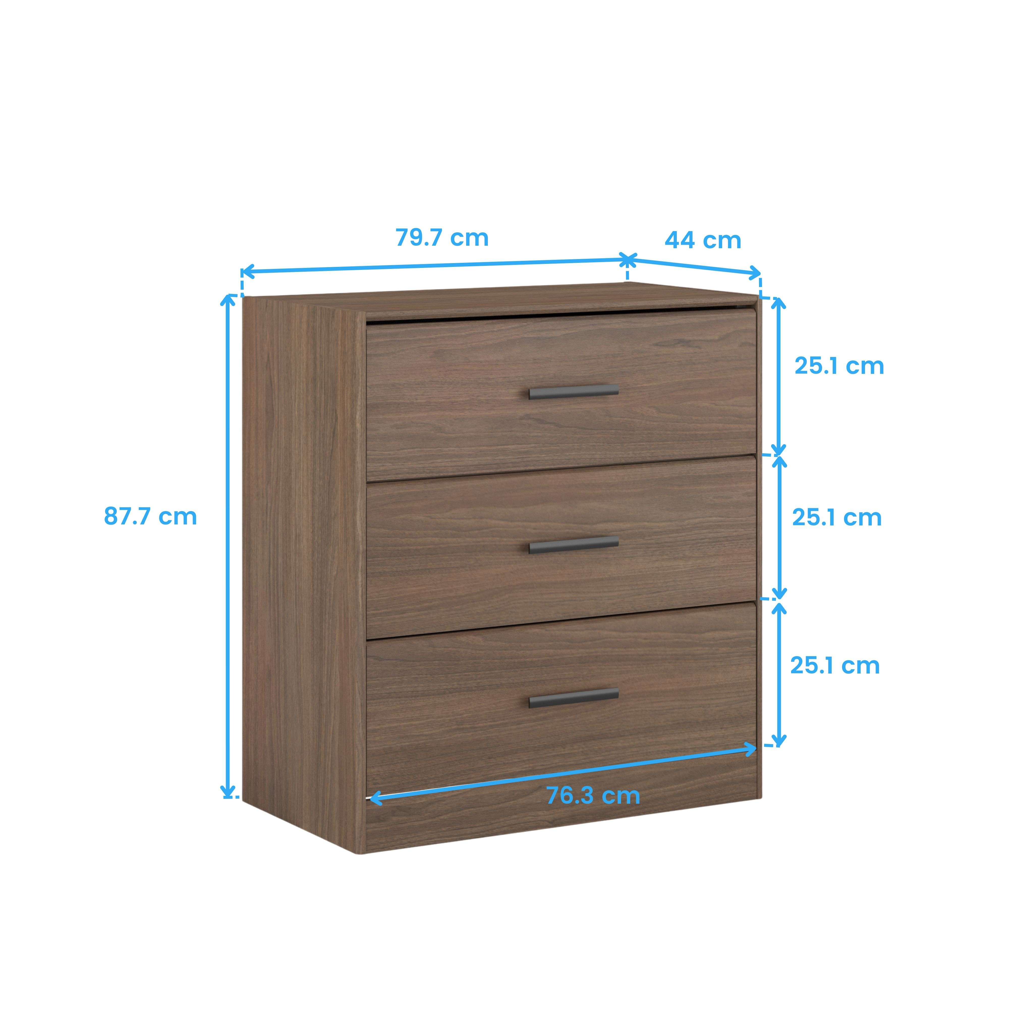 Cómoda de madera con tres cajones. Dimensiones: 79,7 cm A x 44 cm P x 87,7 cm A.