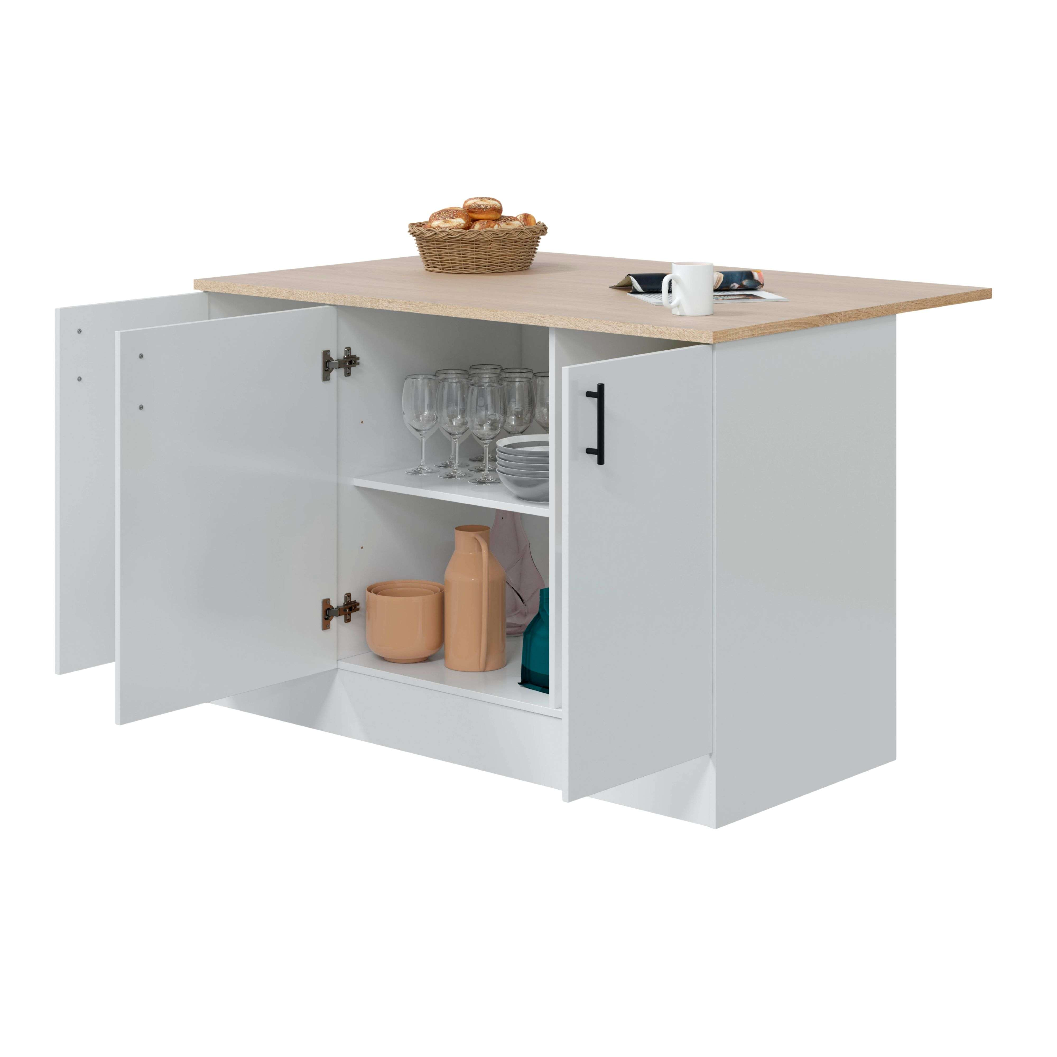 Un mueble de cocina blanco con puertas abiertas, lleno de vasos, cuencos y jarrones.
