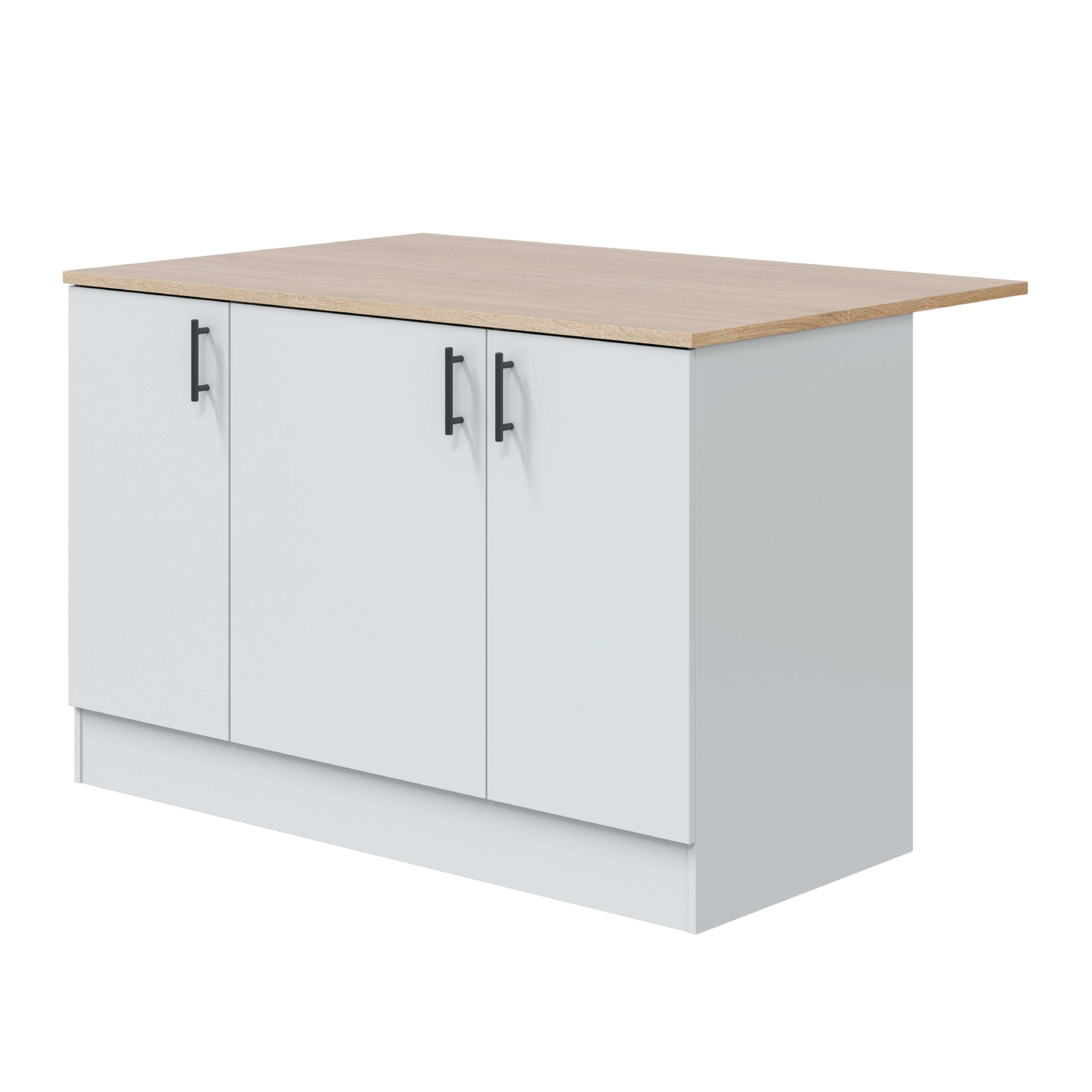 Un mueble de cocina blanco con encimera de madera y tiradores negros.