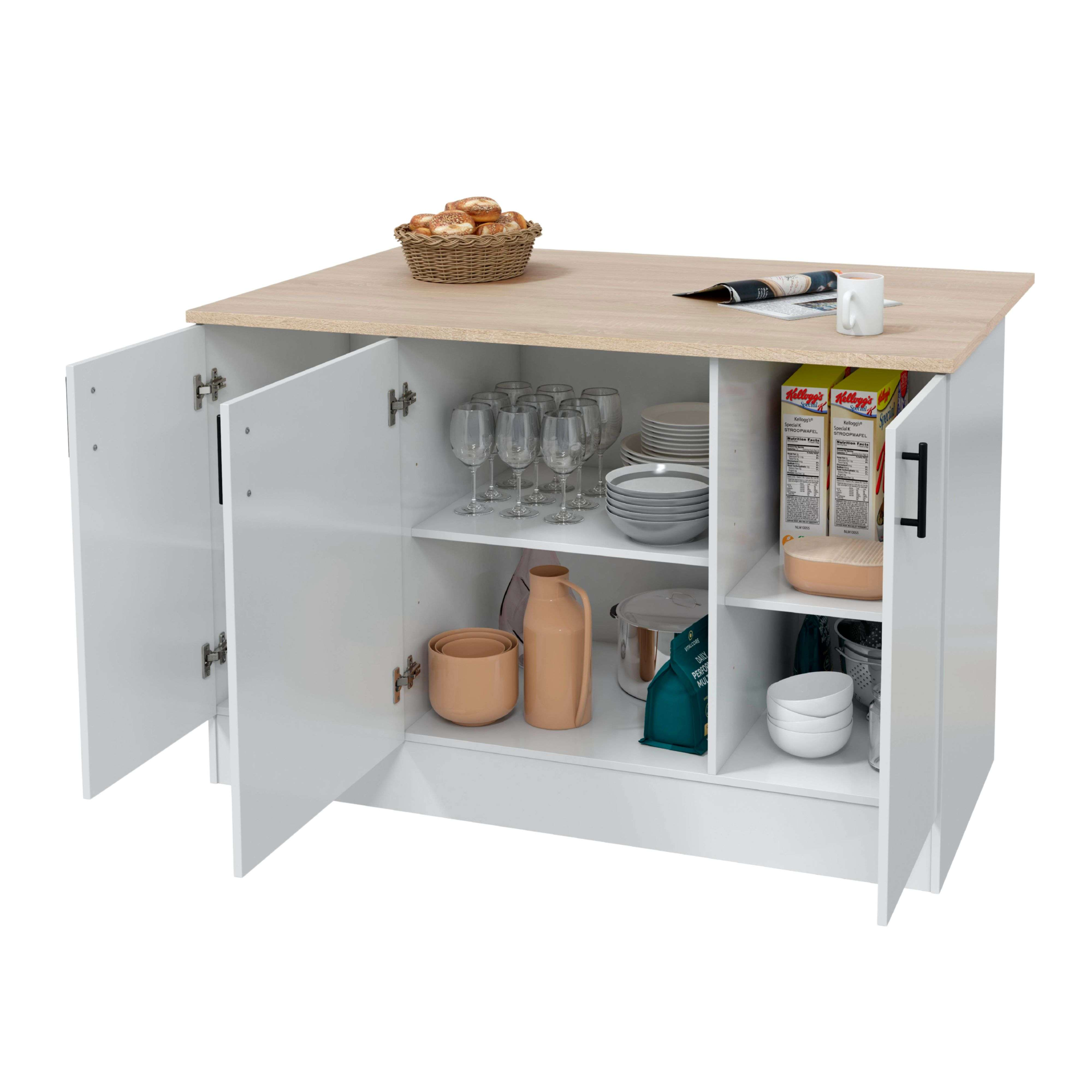 Isla de cocina con puertas de armario abiertas, llena de vasos, platos, cajas de cereales y utensilios de cocina.