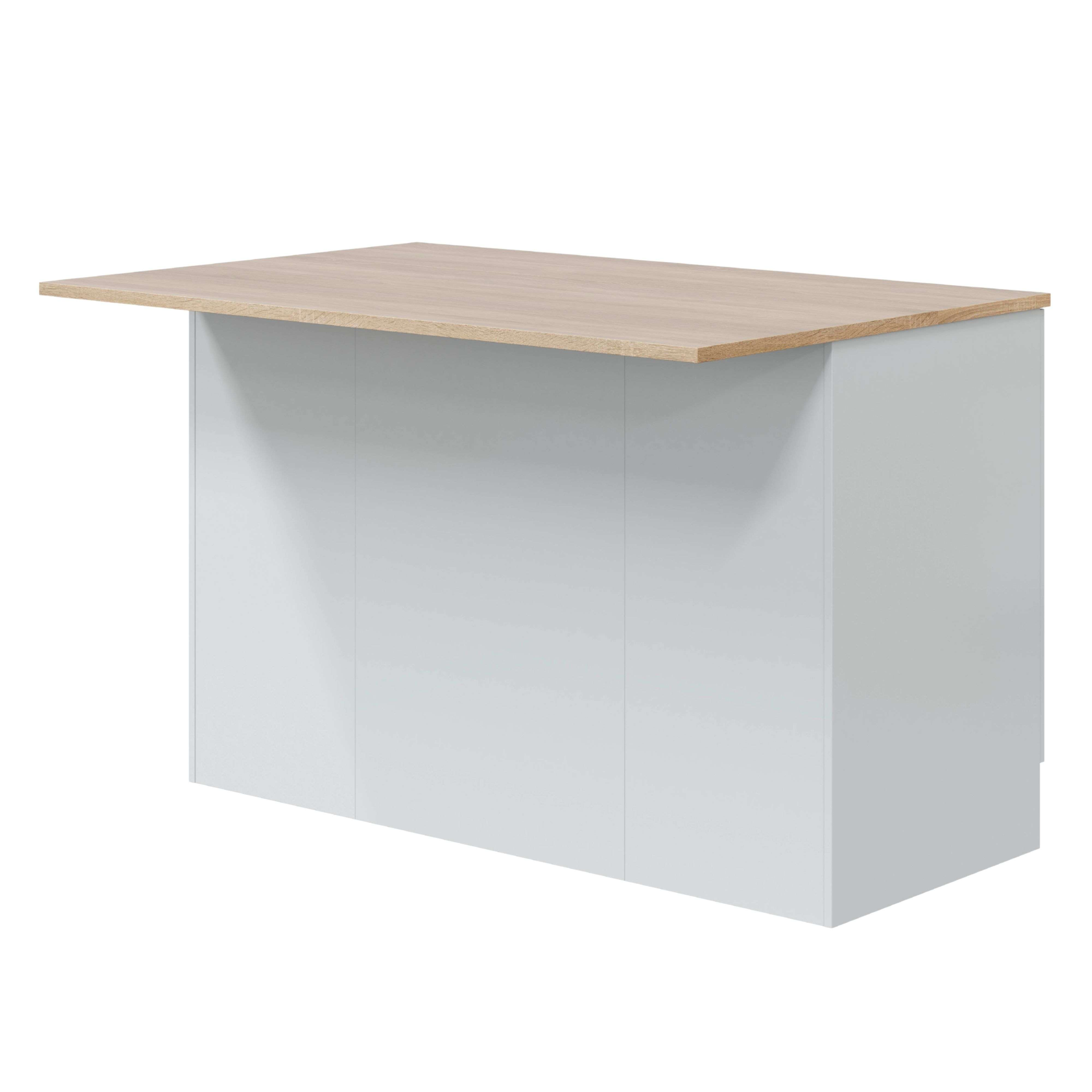 Un mostrador de cocina claro con tapa de madera y laterales blancos.