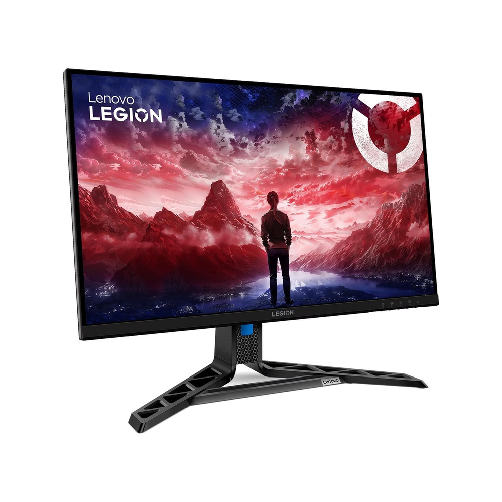Lenovo Legion monitör, ekranda dramatik bir manzara önünde duran bir kişi.