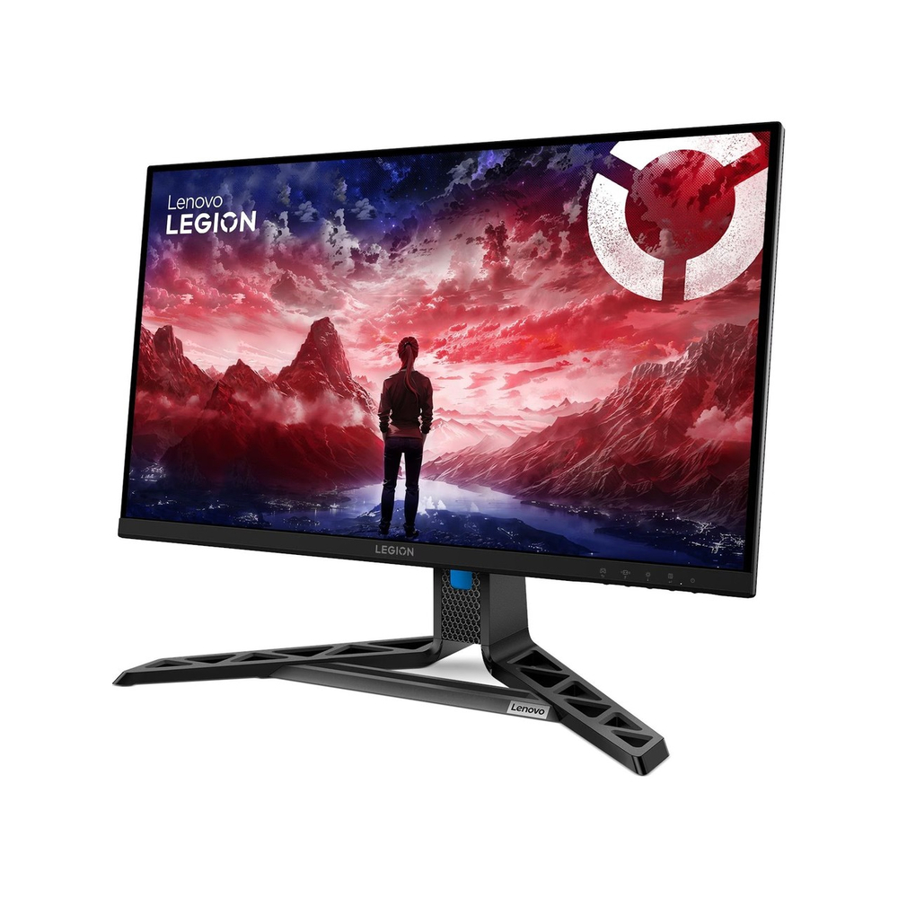 Lenovo Legion oyuncu monitörü dramatik bir manzara ve bir figür gösteriyor.
