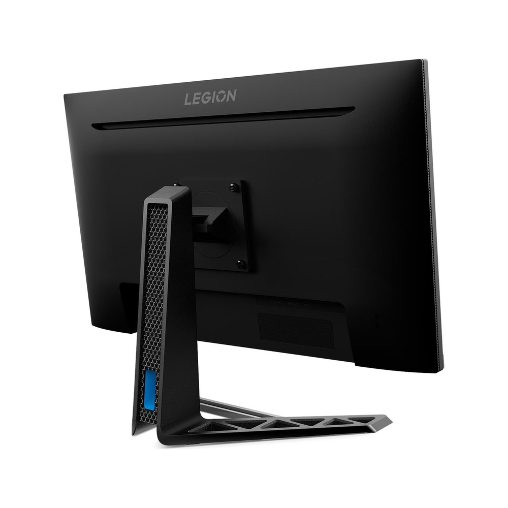 Legion logolu siyah monitörün arkası ve üçgen stand.