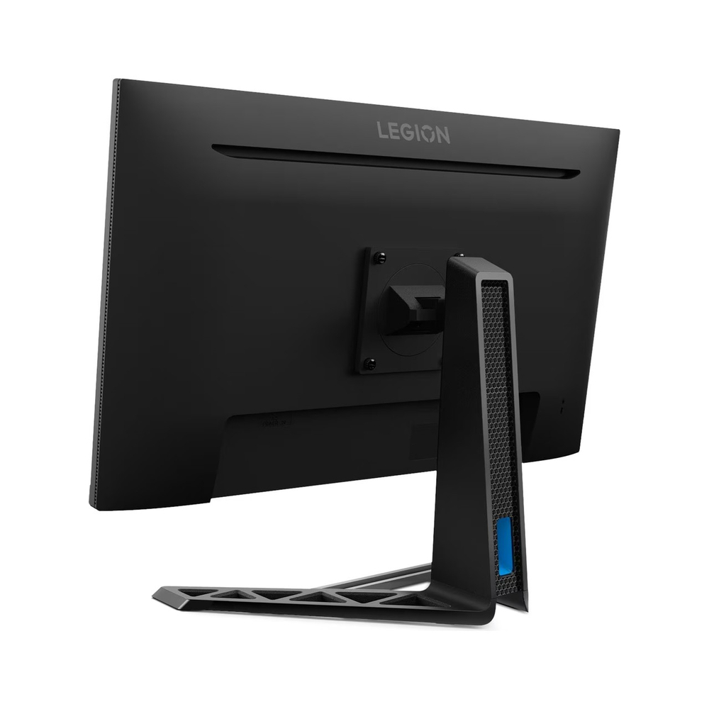 Şık stantlı ve Legion logosuna sahip siyah Lenovo Legion monitörün arka görünümü.