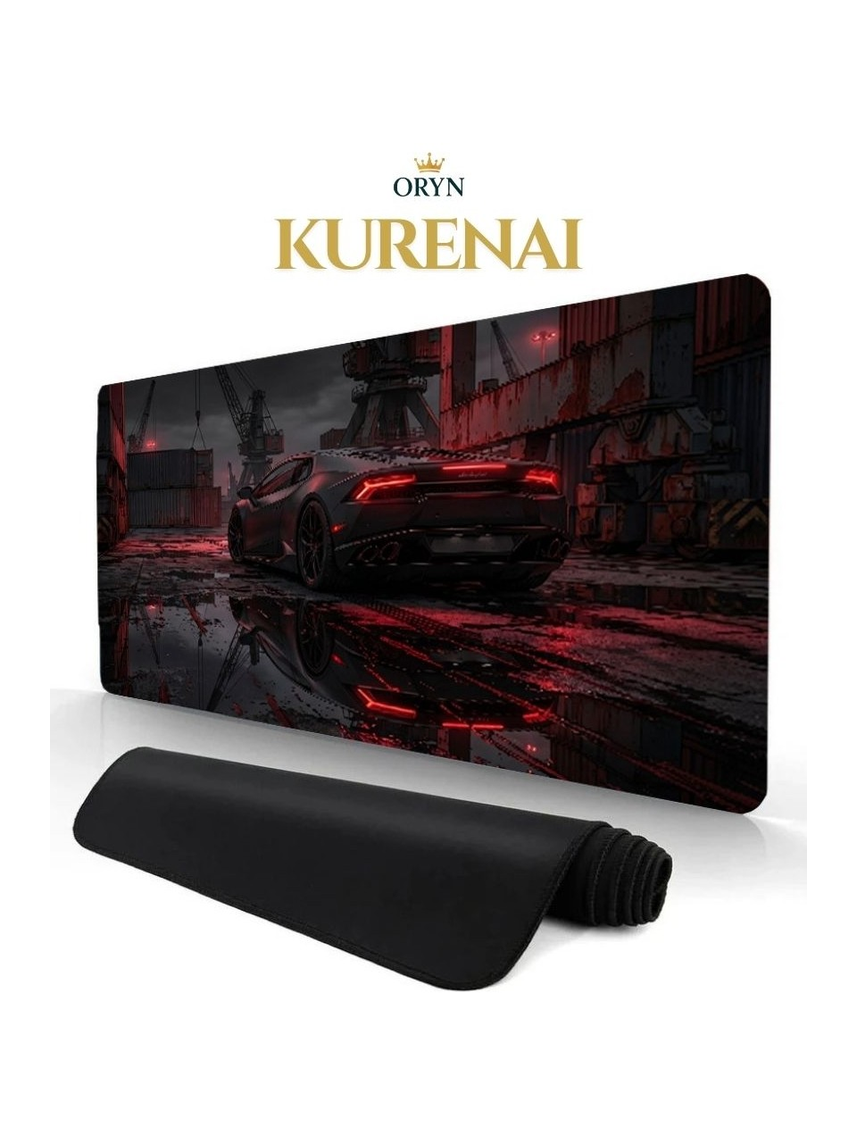 Muz aydınlatmalı siyah spor araba, liman ortamında, mousepad üzerinde.
