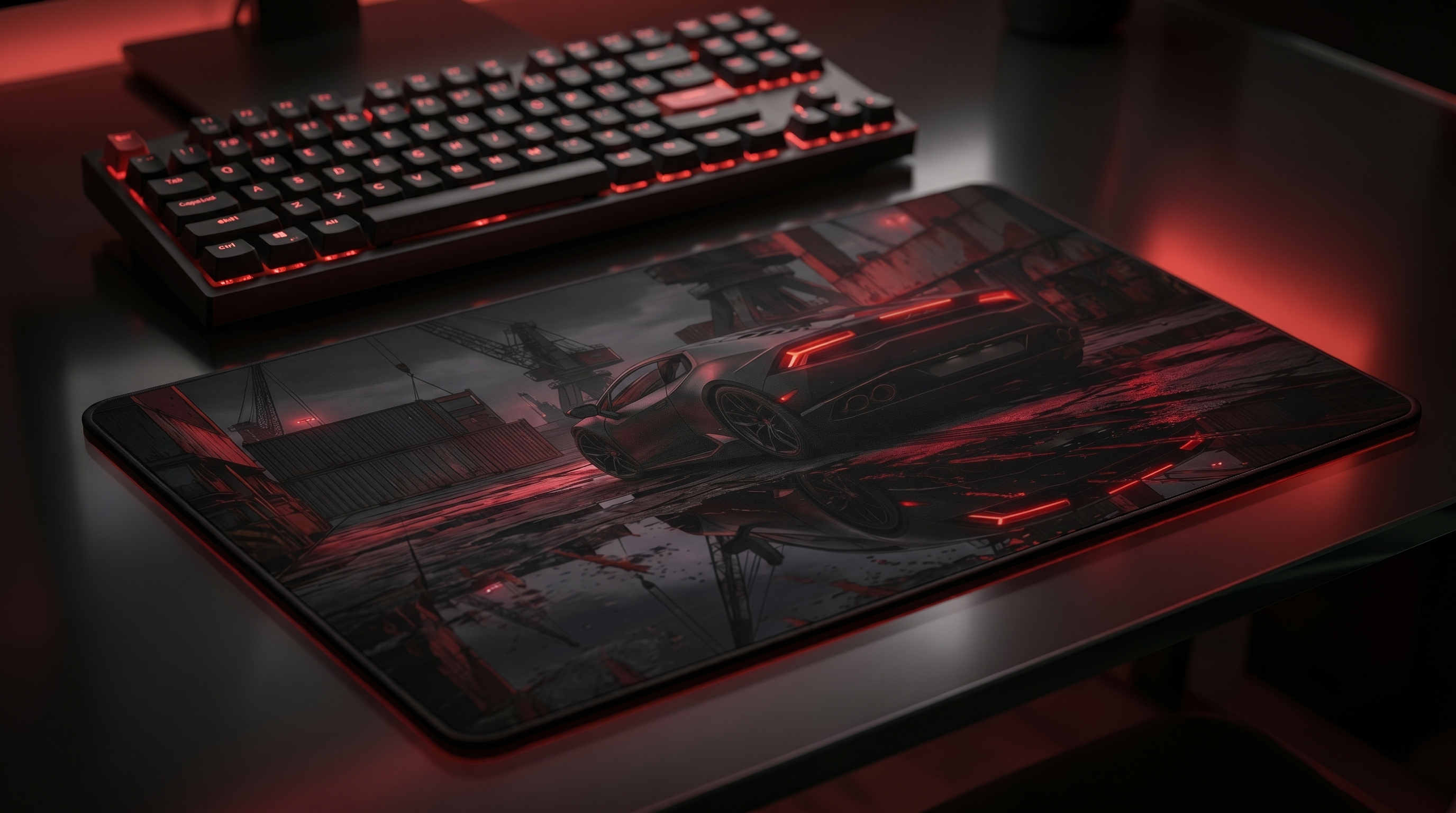 Arka planda klavyeli, liman manzaralı mousepad üzerinde siyah araba.