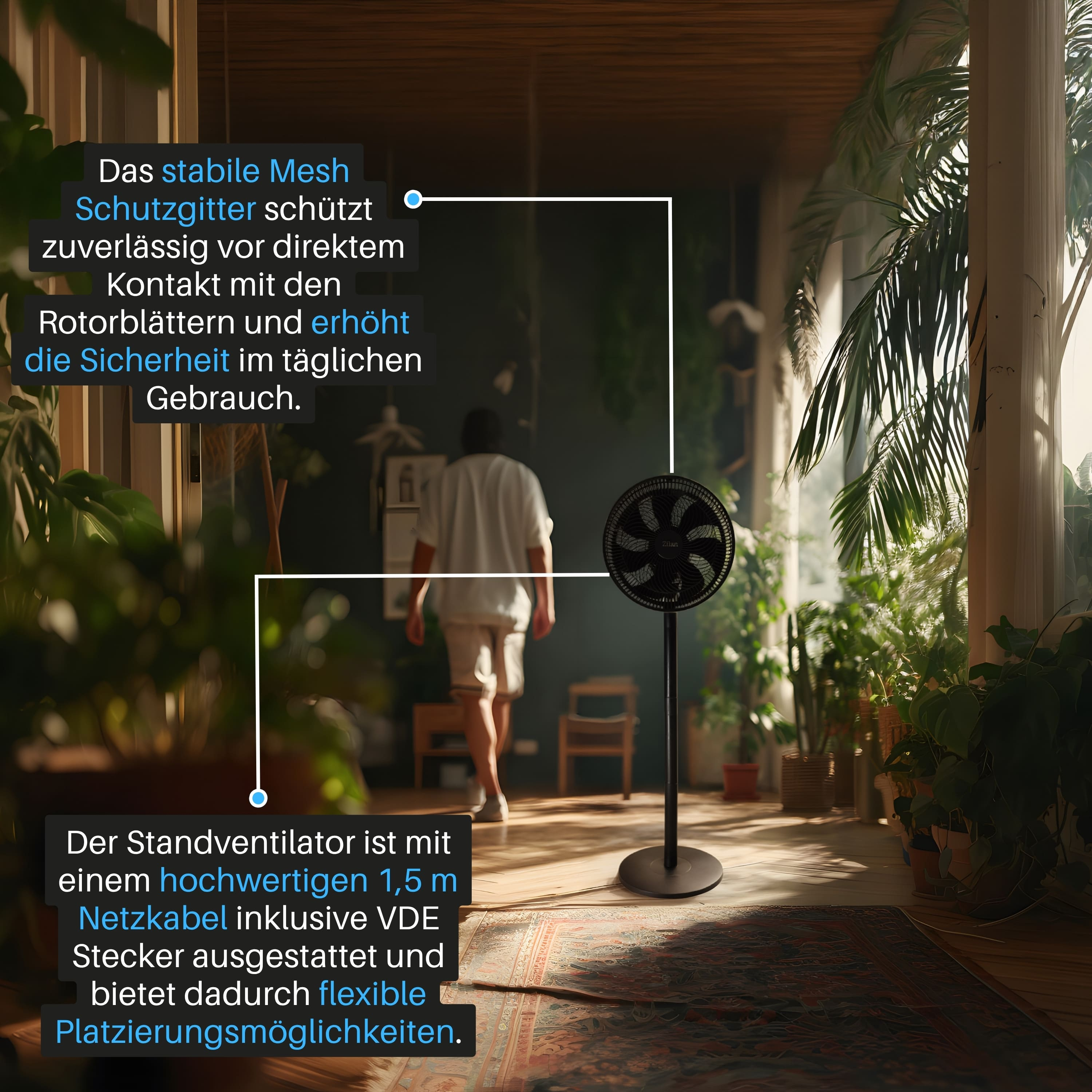 Ein schwarzer Standventilator mit stabilem Mesh-Gitter steht in einem Raum voller Pflanzen.