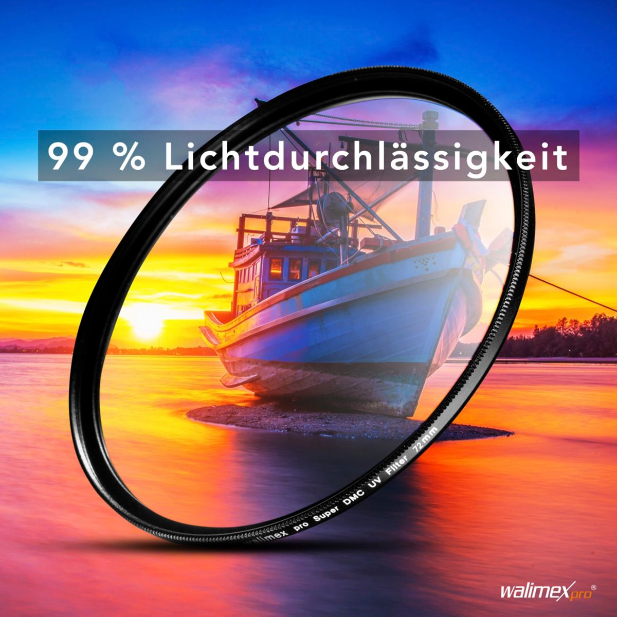 Ein Objektivfilter liegt im Vordergrund vor einem Sonnenuntergang mit einem Boot.