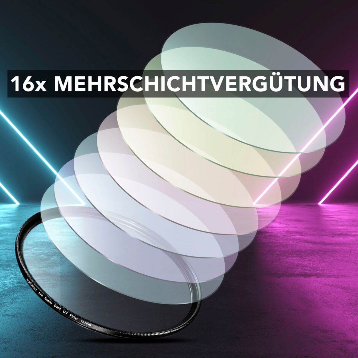 Ein Kameraobjektivfilter mit Mehrfachbeschichtung wird vor dunklem Hintergrund mit Neonlichtern gezeigt.