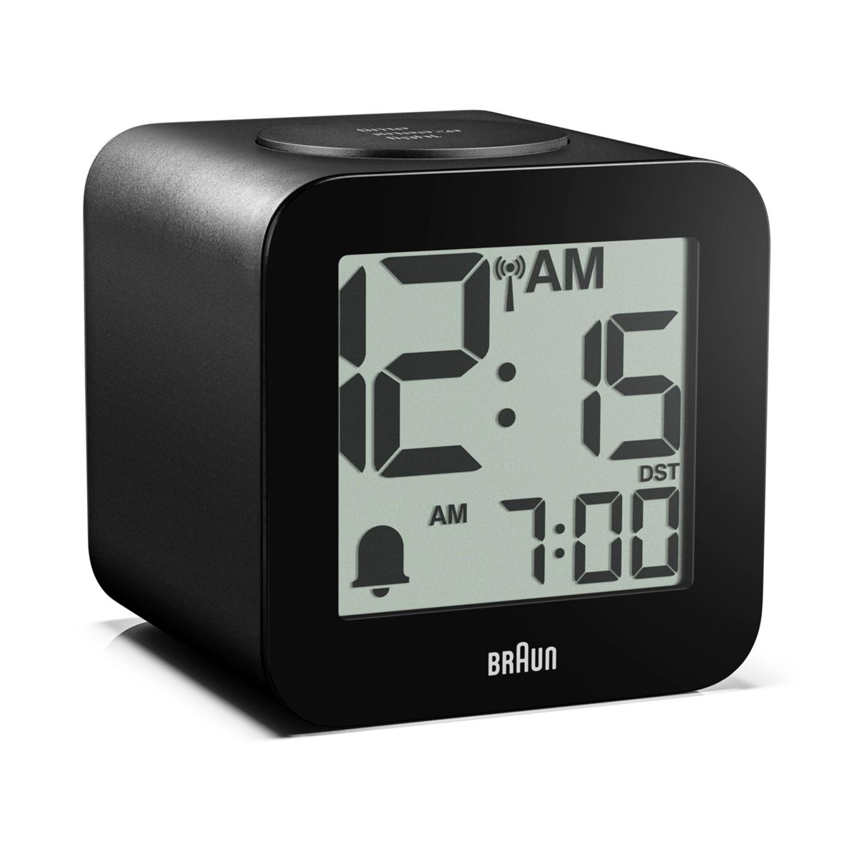 Schwarzer digitaler Würfelwecker mit hellem Display, zeigt 12:15 AM und 7:00 Uhr an.