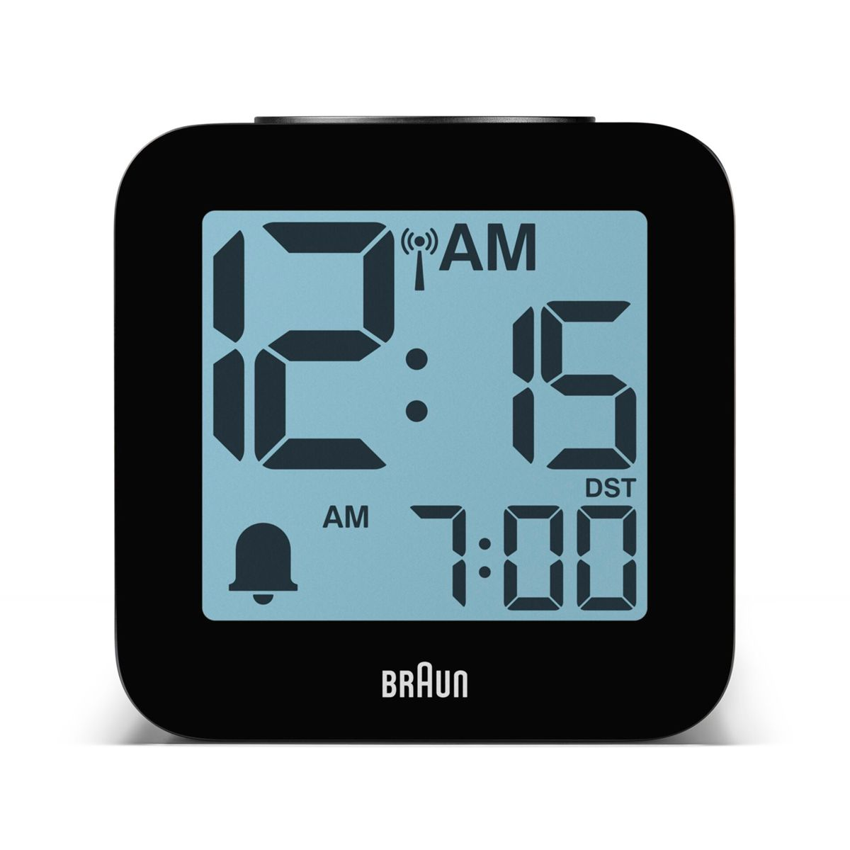 Ein digitaler Braun-Wecker zeigt 12:15 AM und 7:00 AM an.