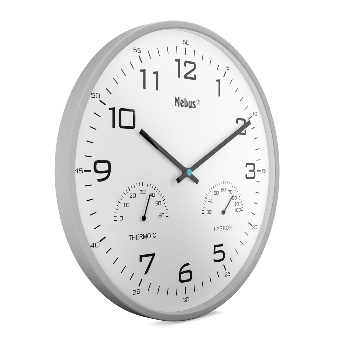 Weiße Wanduhr mit Thermometer und Hygrometer. Schwarze Zeiger. Links 9, rechts 3.