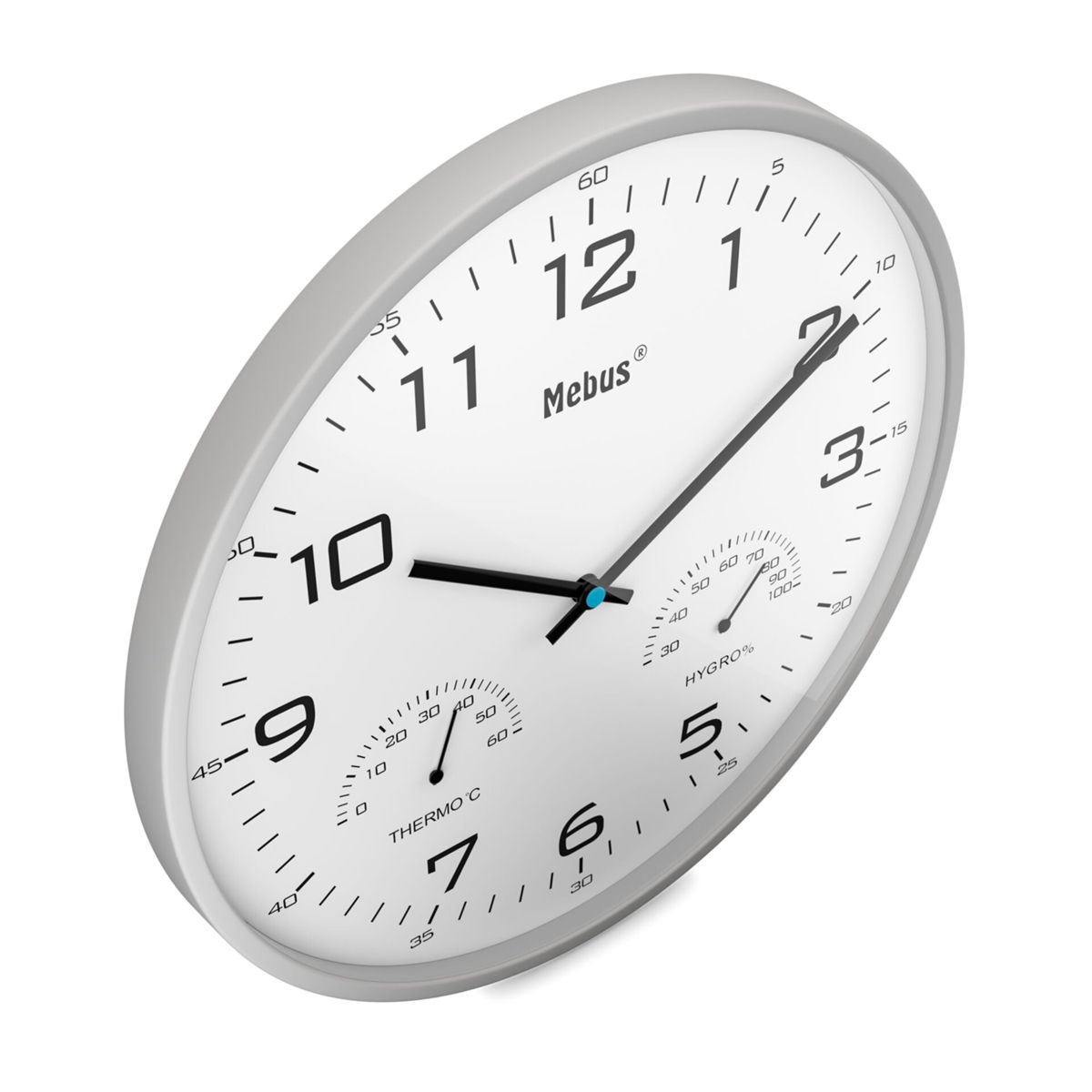 Eine weiße Mebus-Uhr mit schwarzen Ziffern, Zeigern und zwei Anzeigen.