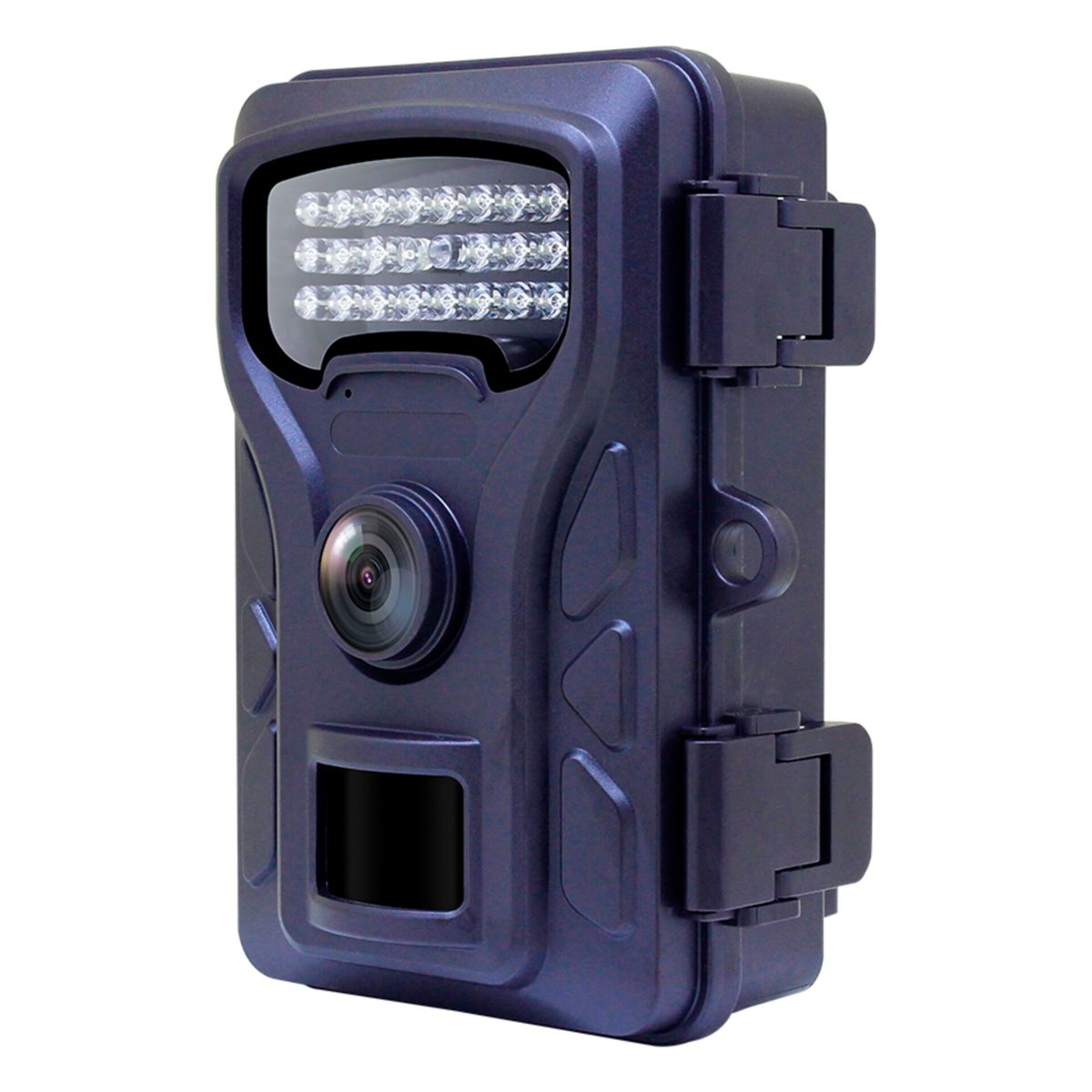 Dunkelblaue Wildkamera mit Linse, Blitz und IR-LEDs. Geschlossen.