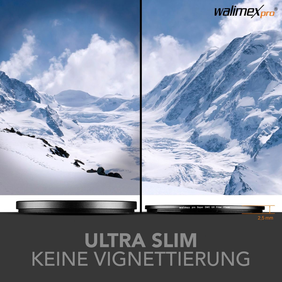 Zwei Berglandschaften mit Schnee und Wolken, unten ein UV-Filter.