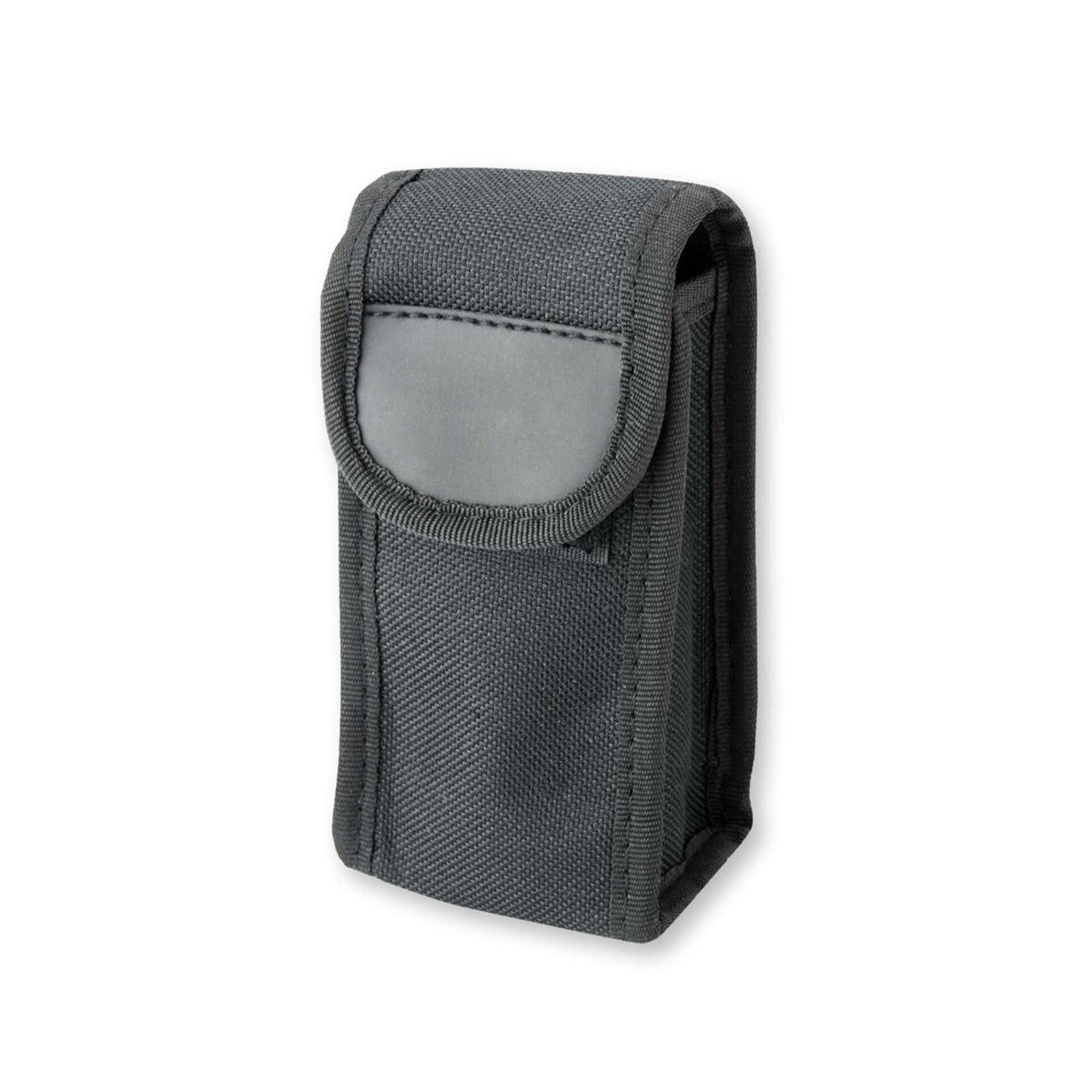 Graue Stofftasche mit Klettverschluss und reflektierendem Rand.