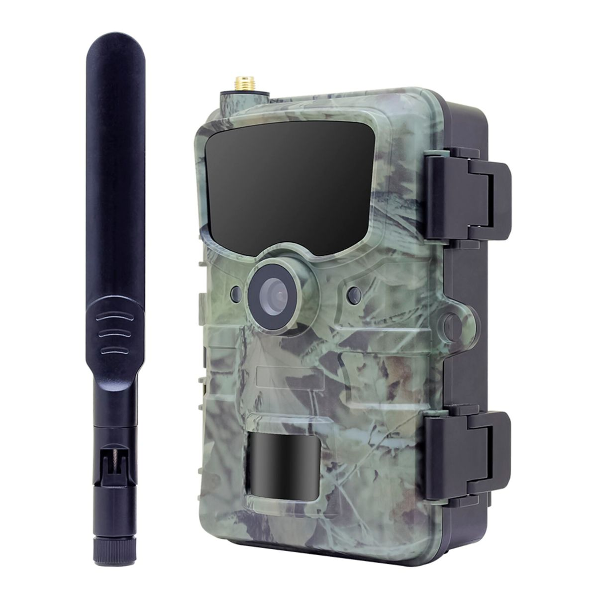 Jagdkamera mit Tarnmuster und Antenne, isoliert auf weißem Hintergrund.