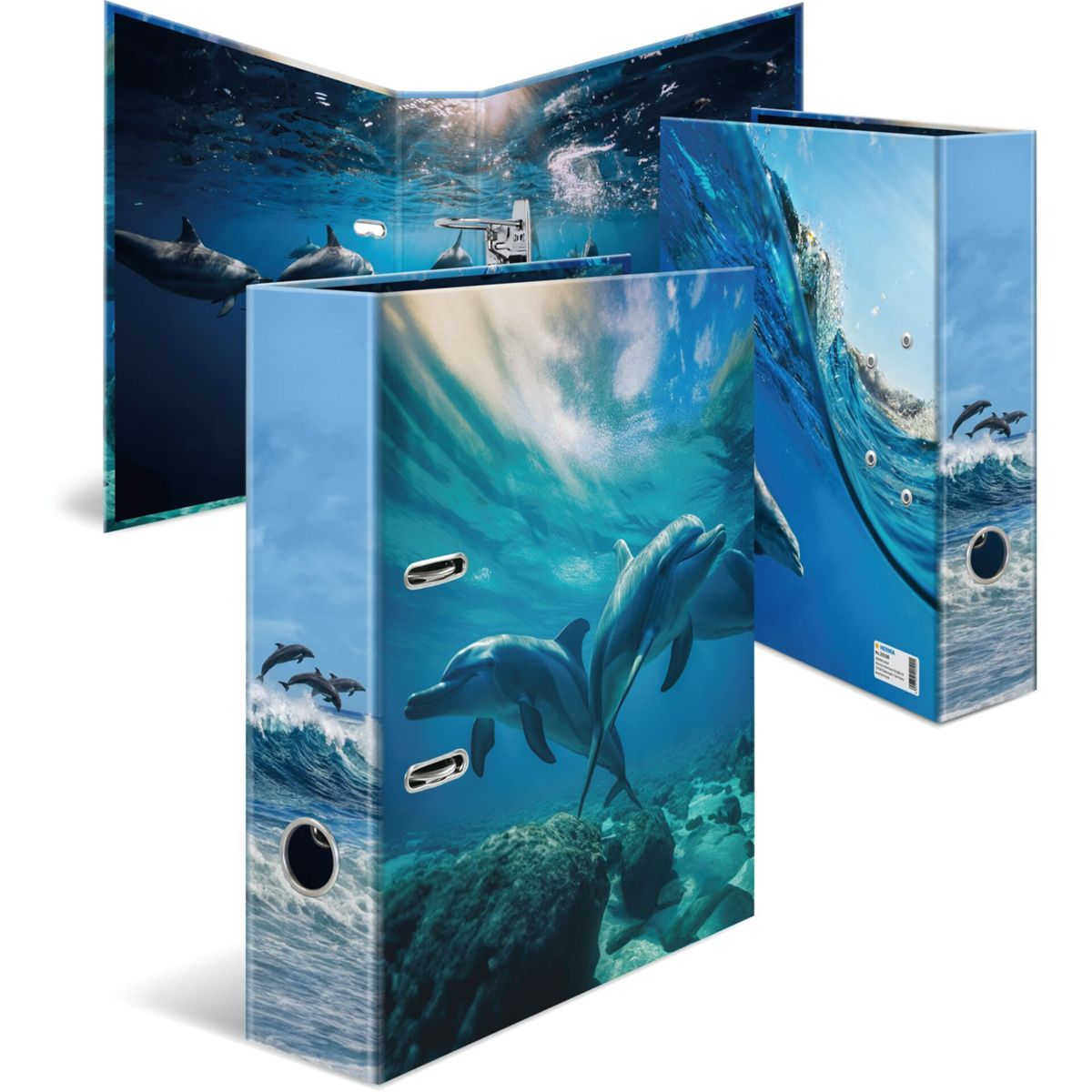 Ordner mit Delfinmotiv unter Wasser, vorne und offen.