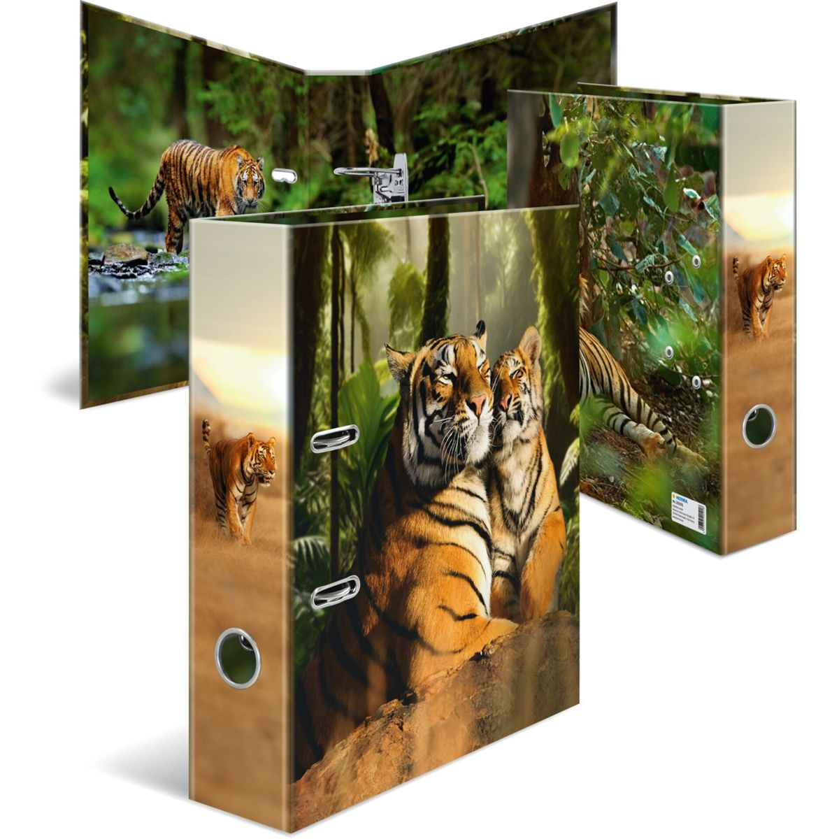 Ordner mit Tigermotiv: zwei Tiger kuscheln, ein Tiger läuft, ein Tiger im Wasser.