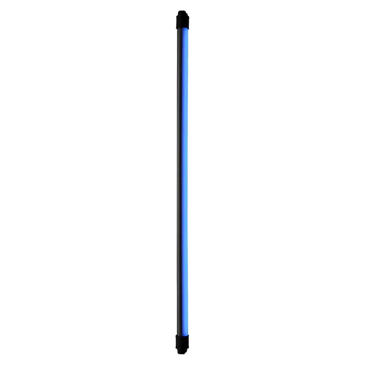 Ein blaues Lichtstäbchen mit schwarzen Endkappen auf weißem Hintergrund.