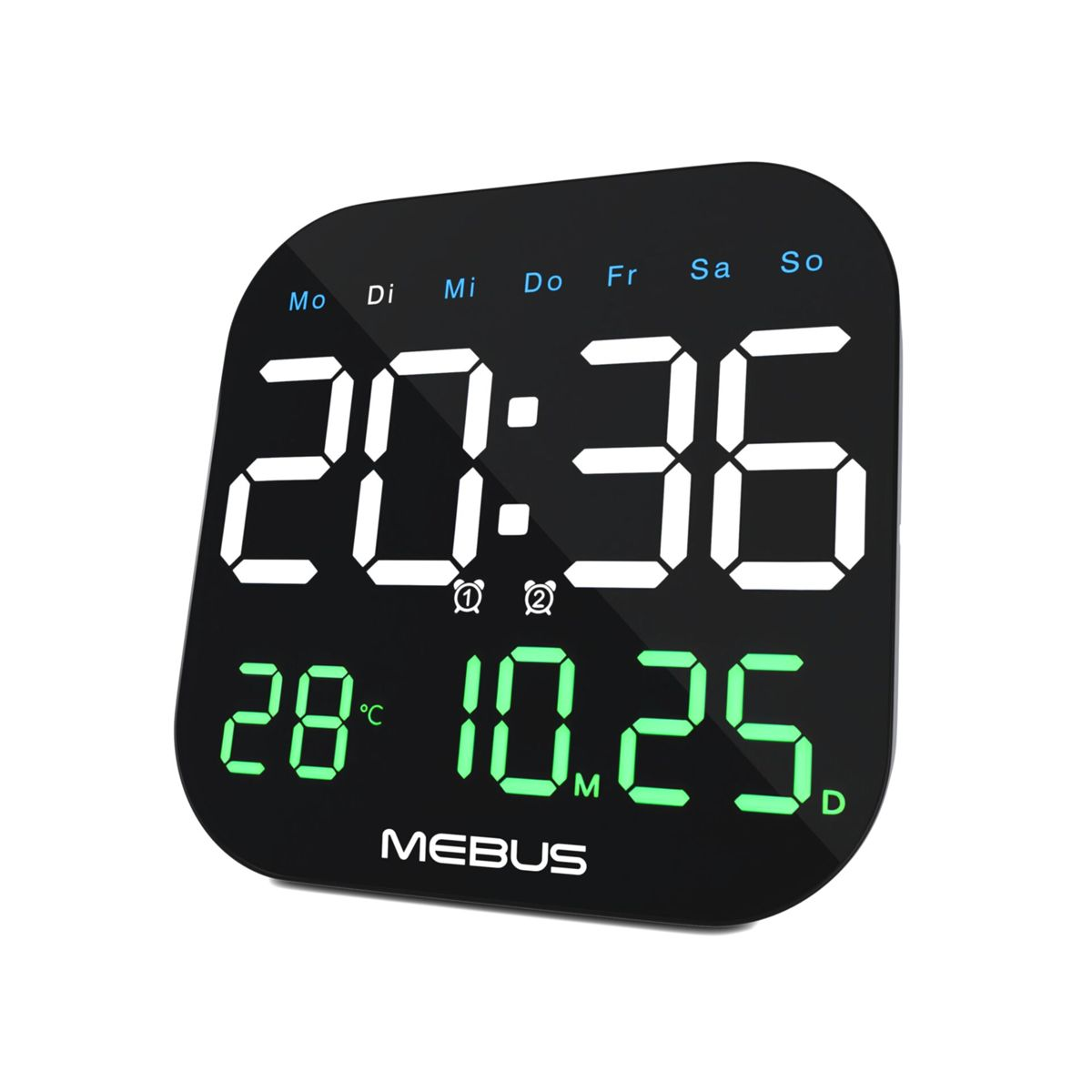 Digitaluhr zeigt 20:36, 28°C und 10.25. Mebus Logo unten.