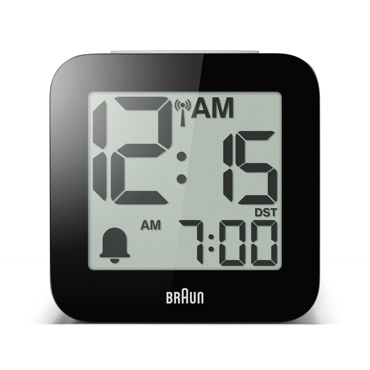 Digitaluhr zeigt 12:15 AM und Weckzeit 7:00 AM. Braun Logo unten.