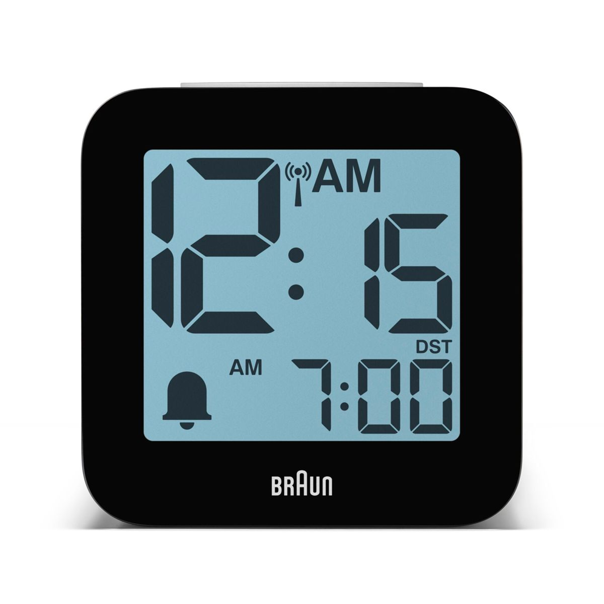 Digitaluhr von Braun zeigt 12:15 AM und 7:00 Uhr.