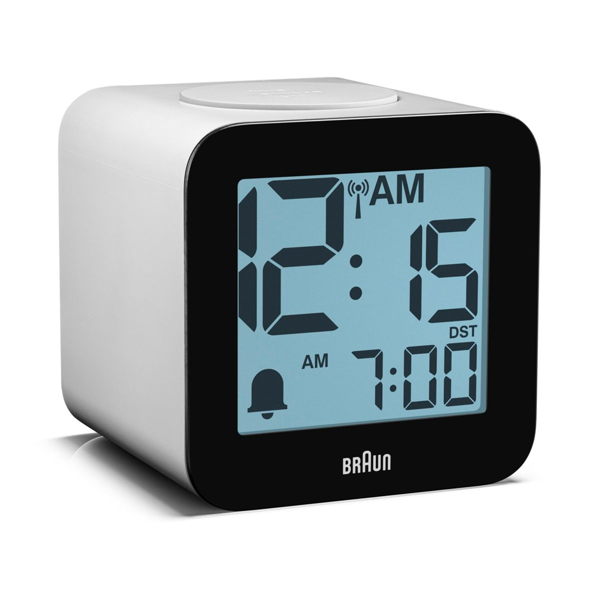 Digitaluhr mit blauer Anzeige, zeigt 12:15 AM und 7:00 AM an.