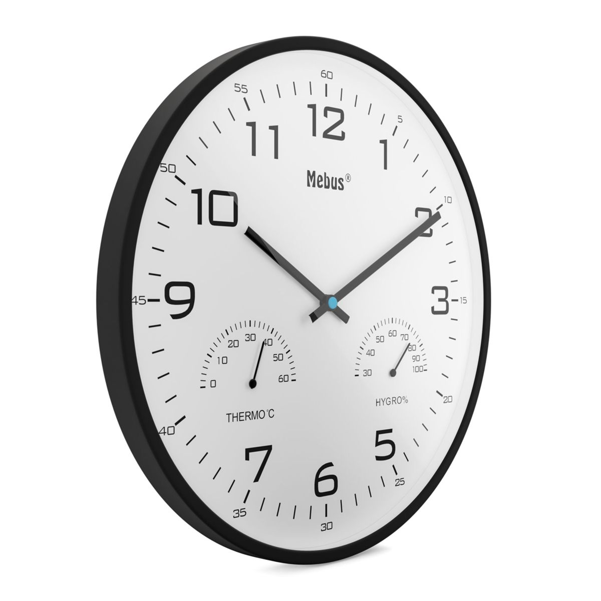 Un orologio da parete rotondo Mebus con cornice nera e numeri bianchi, con termometro e igrometro.