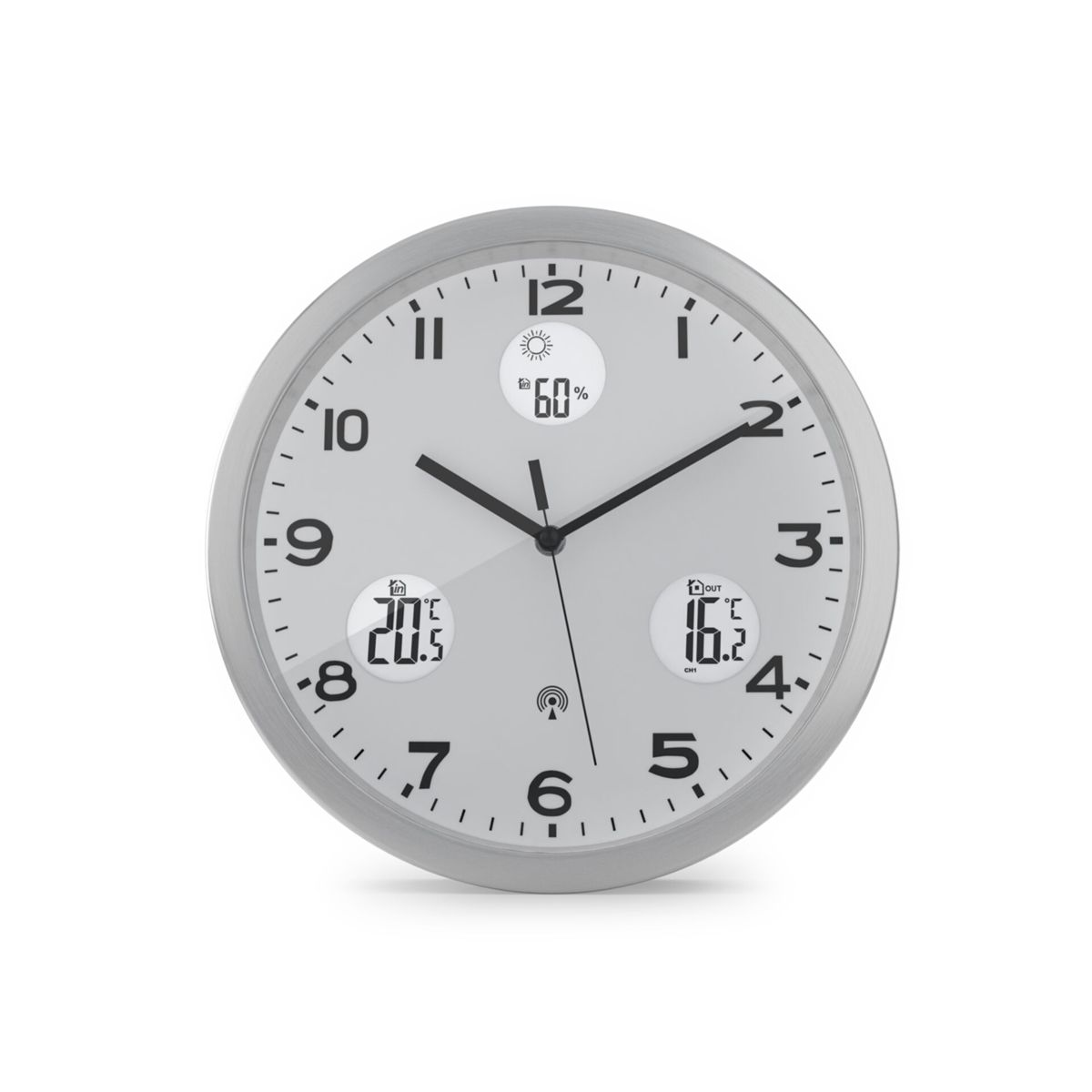 Eine runde Wanduhr mit digitalen Anzeigen für Temperatur und Luftfeuchtigkeit.