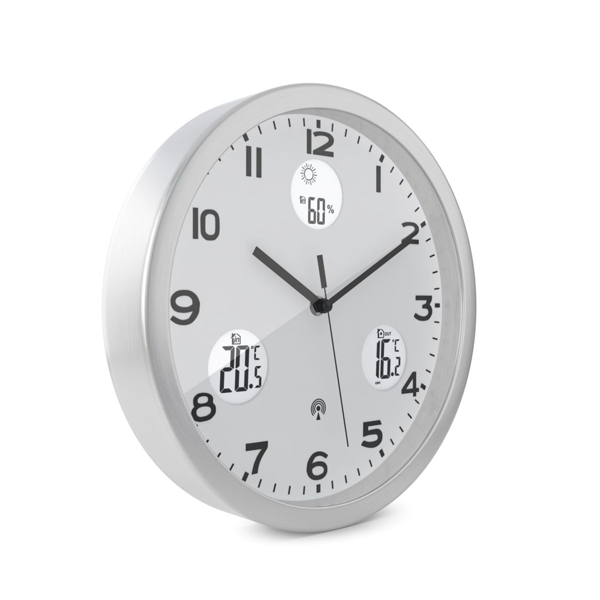 Eine Wanduhr mit digitaler Anzeige für Temperatur, Luftfeuchtigkeit und Uhrzeit.
