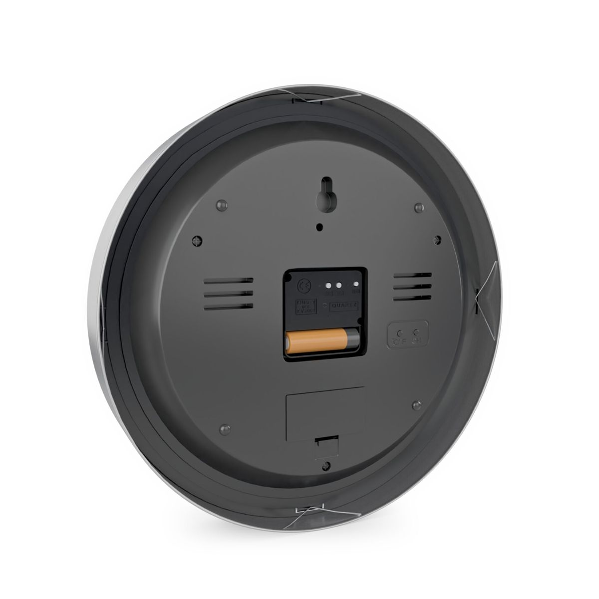 Rückansicht einer runden Quarzuhr mit Batteriefach und Aufhänger.