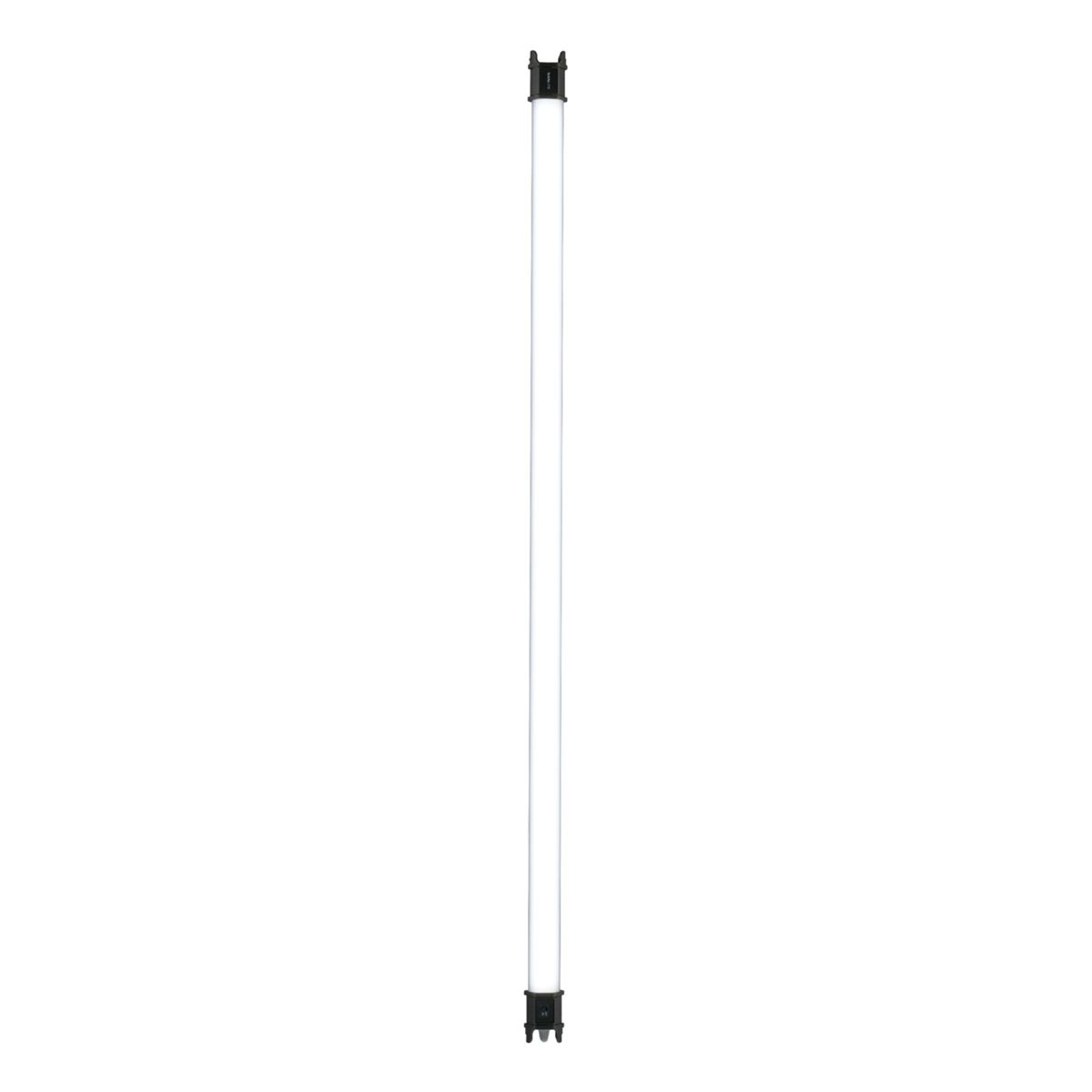 Ein langer, schmaler weißer Lichtstab mit schwarzen Endkappen auf weißem Hintergrund.